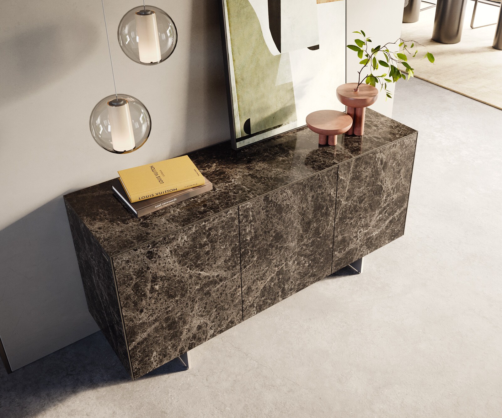 Бюфет Cuor 150 cm Керамичен ламинат® Emperador Extra Lucidato Тъмно кафяво 3 врати Основа Плаваща неръждаема стомана 3