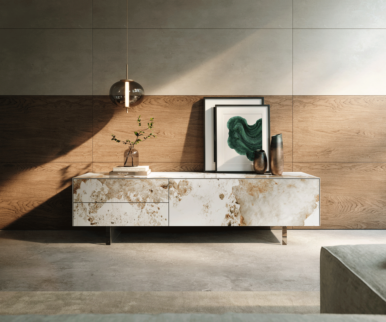 Ниска дъска Cuor 180 cm Керамика Minas Melange Бяло-бежово 1 клапа 2 чекмеджета Основа Плаващ вид акрилно стъкло 2