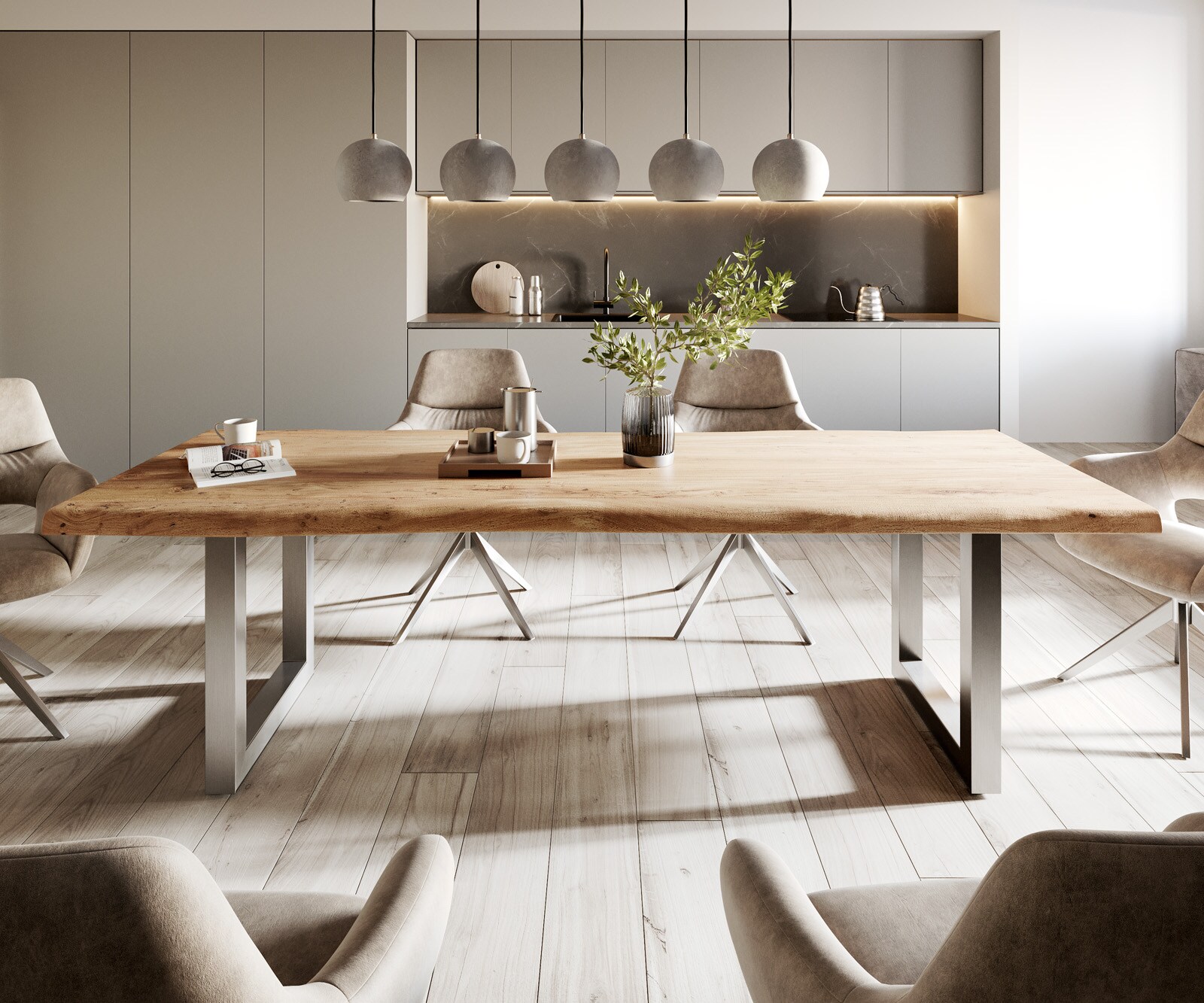 Трапезна маса Edge 260x100 XL от естествена акация, неръждаема стомана, широка, с естествени ръбове 2