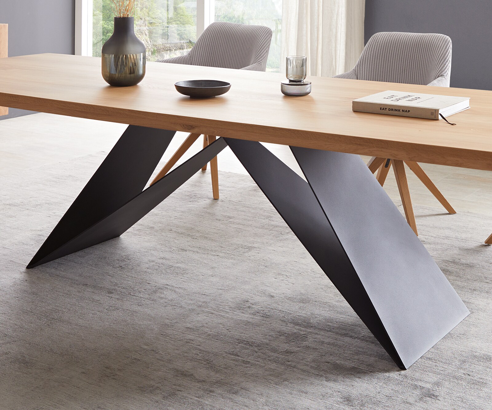 Маса 300x100 Дъб Натурал V-Рамка плоска стомана Черен Edge 5