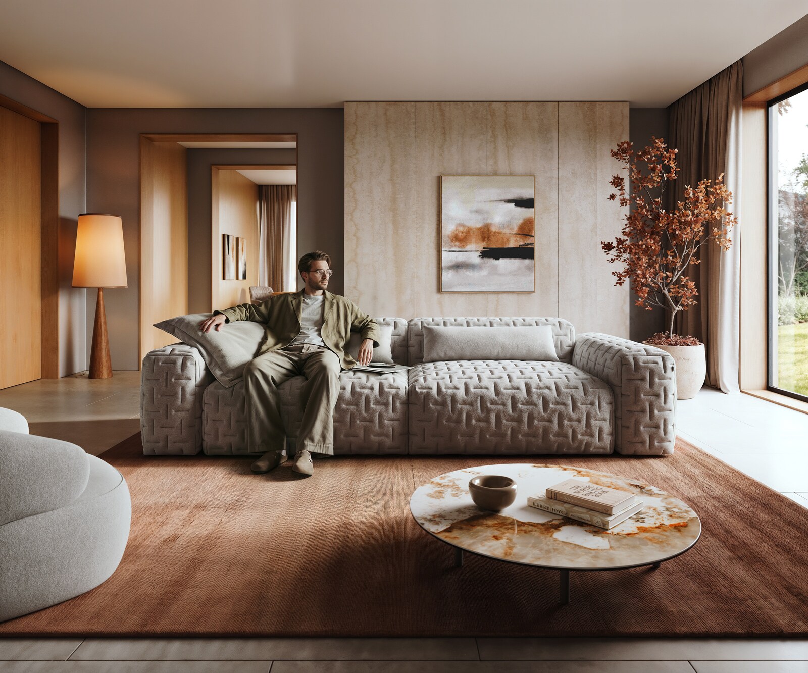 Голям диван Freestyle 280x110 cm текстуриран плат мек сив ватиран 2