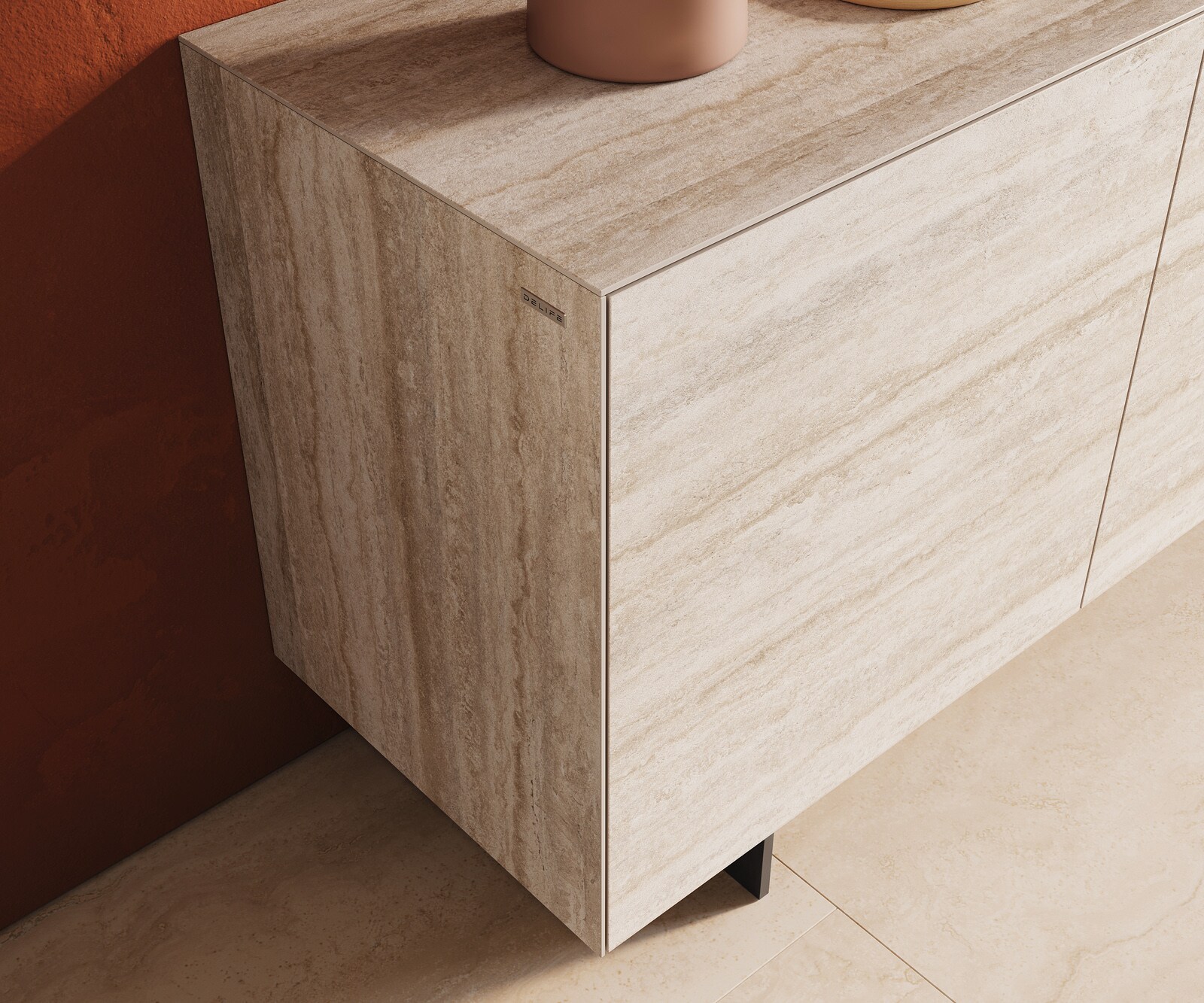 Бюфет Cuor 180 cm Керамичен ламинат® Travertino Bianco Крем-бяло 2 врати 3 чекмеджета Основа Плаващ вид Метал Черен 5