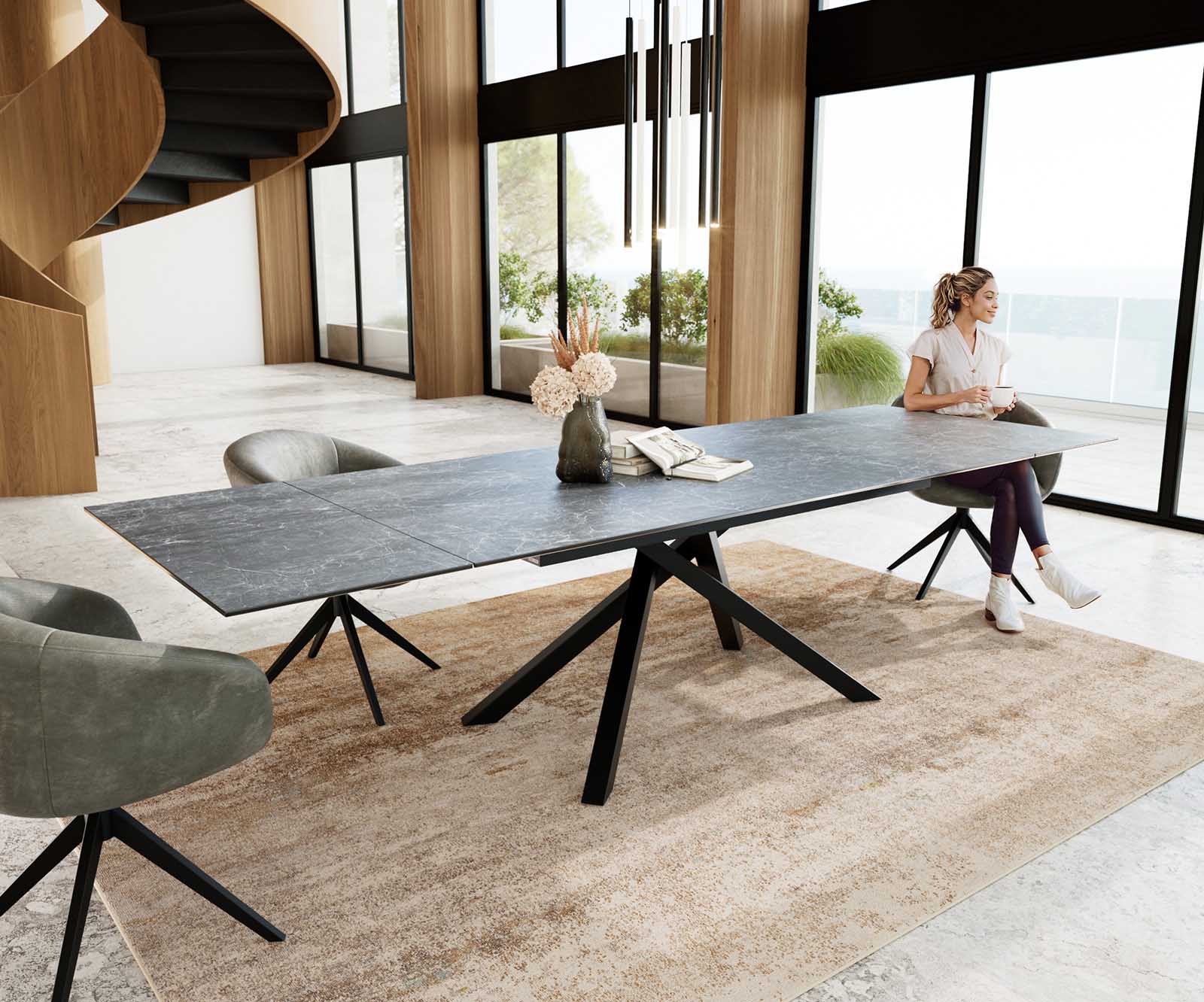 Разтегателна трапезна маса Edge 200-300х100 см Керамика Laminam® Nero Greco Антрацит Кръсртовидна основа Черен 5