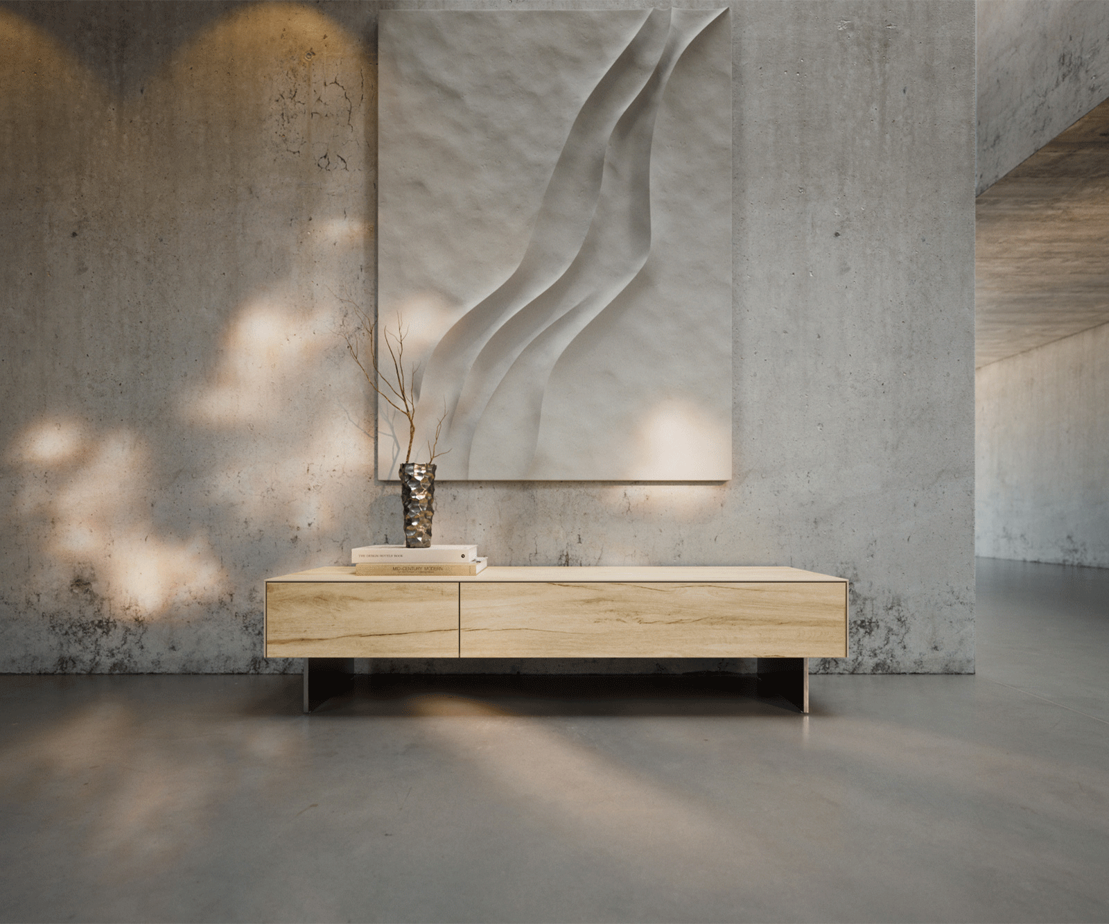 ТВ шкаф Cuor 150 см Керамика Laminam® Sabbia Дъбов цвят 1 врата 1 чекмедже Основа неръждаема стомана 1