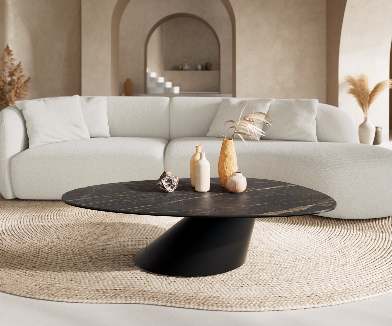 Couchtisch Edge Oval 140x75 cm Keramik Laminam® Noir Desir Braun Conis Metall Schwarz 1