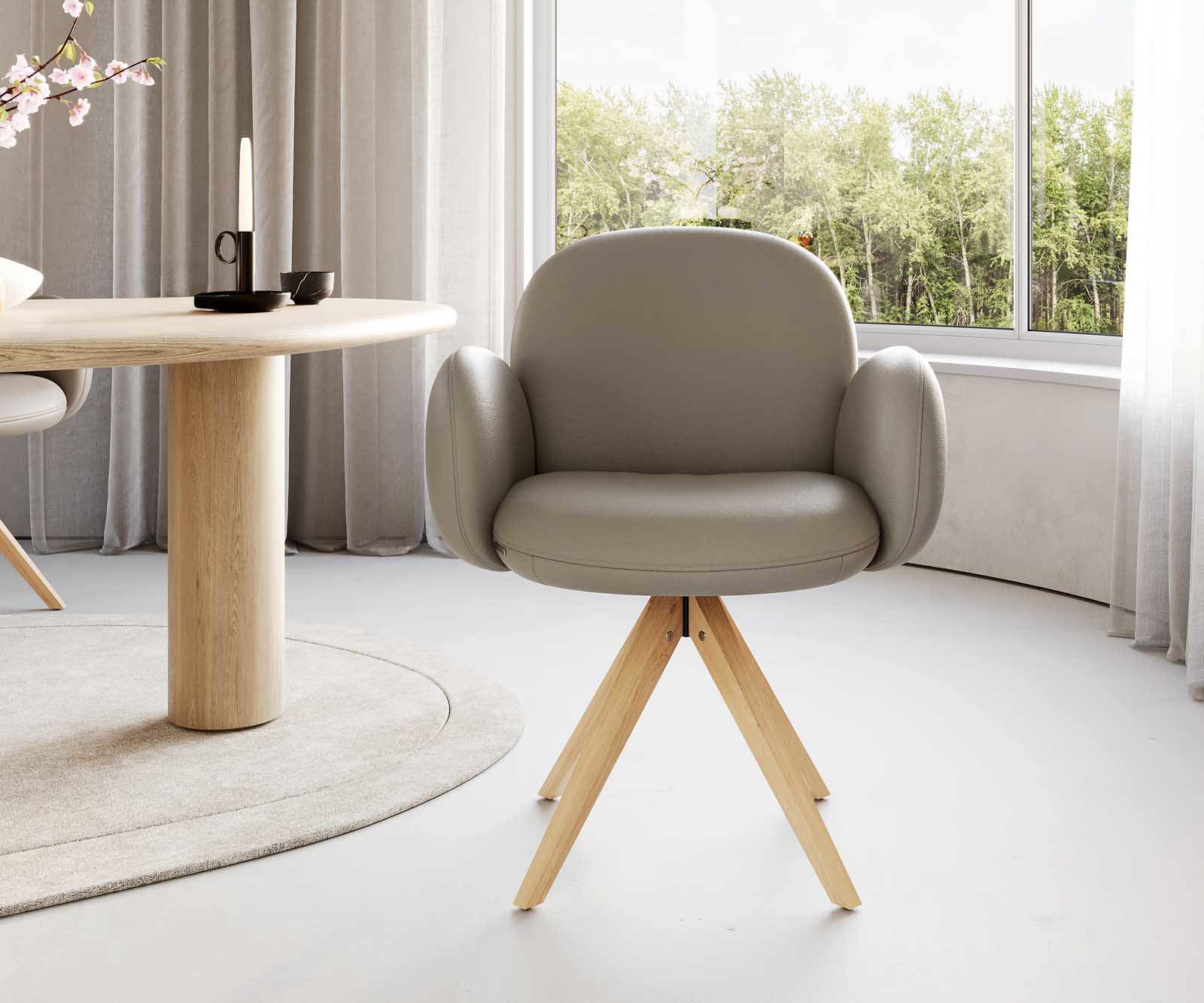 Врътящ се стол с подлакътници Естествена кожа Сиво-Кафяв Дървена рамка  Натурал 180° въртящ се Покет пружина Nube-Flex 2