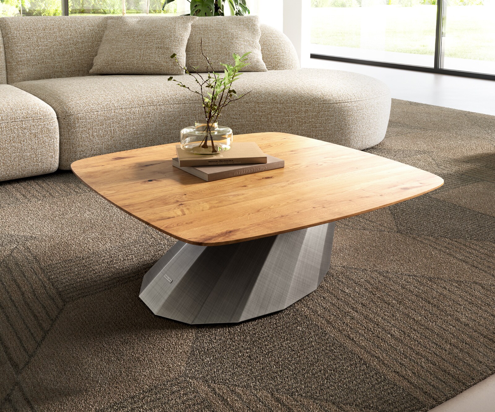 Масичка за кафе Edge Boot 90x90 cm естествен дъб швейцарски ръб Parabi металик сребро