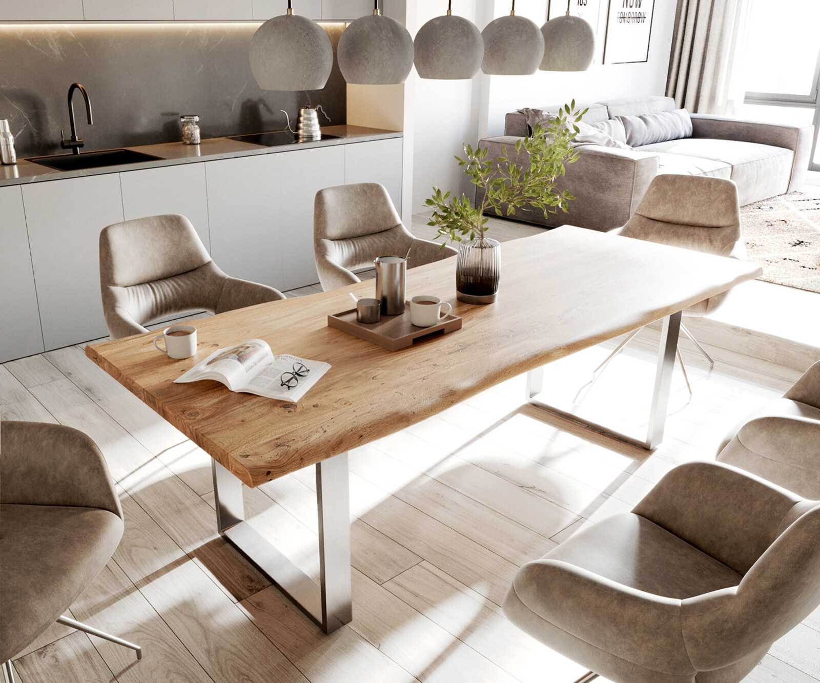 Маса 240x100cm Акация Натурал Неръждаема стомана Тесен профил Edge
