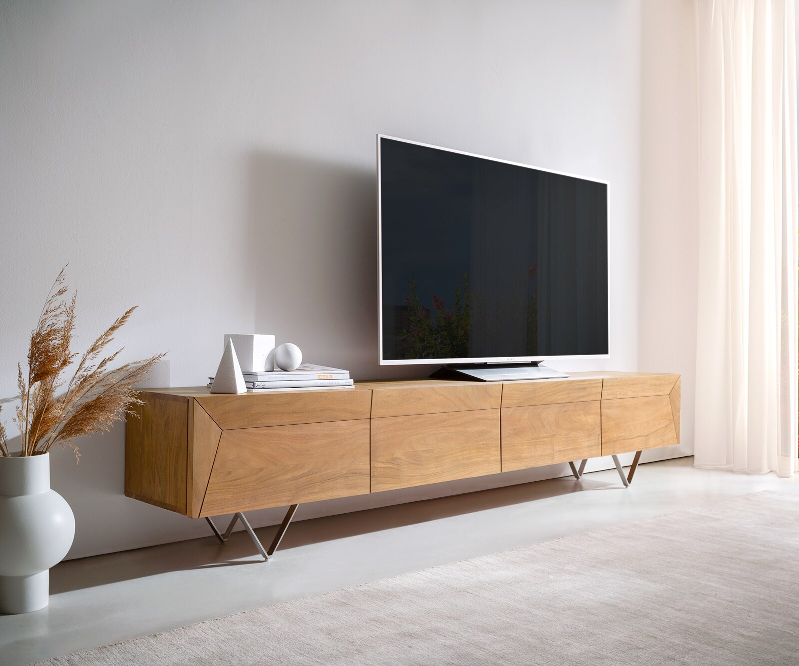 Нисък шкаф 220 cm Акация Натурал 4 Врати V-Крак Kayu