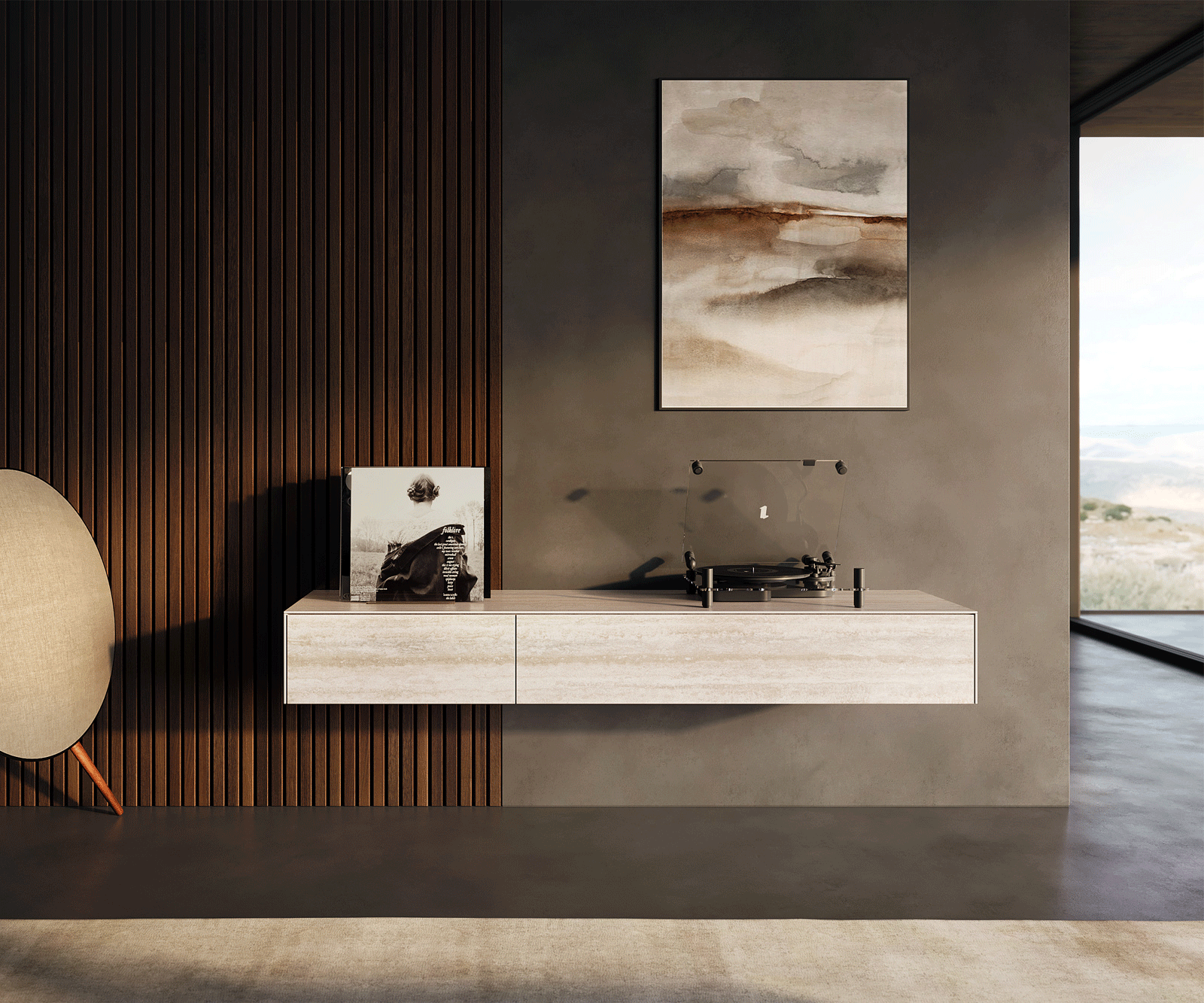 Ниска дъска Cuor 150 см Керамичен ламинат® Travertino Bianco Крем-бяло 1 клапа 1 чекмедже Плаващо 2