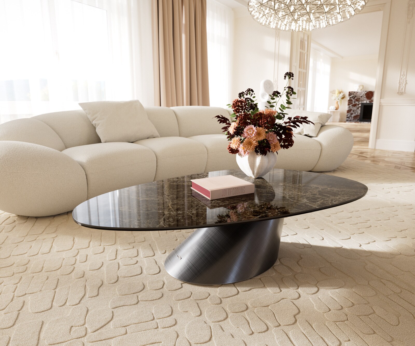 Масичка за кафе Edge Oval 140x75 cm керамика Laminam® Emperador Extra Lucidato тъмнокафяво Conis Metallic Silver