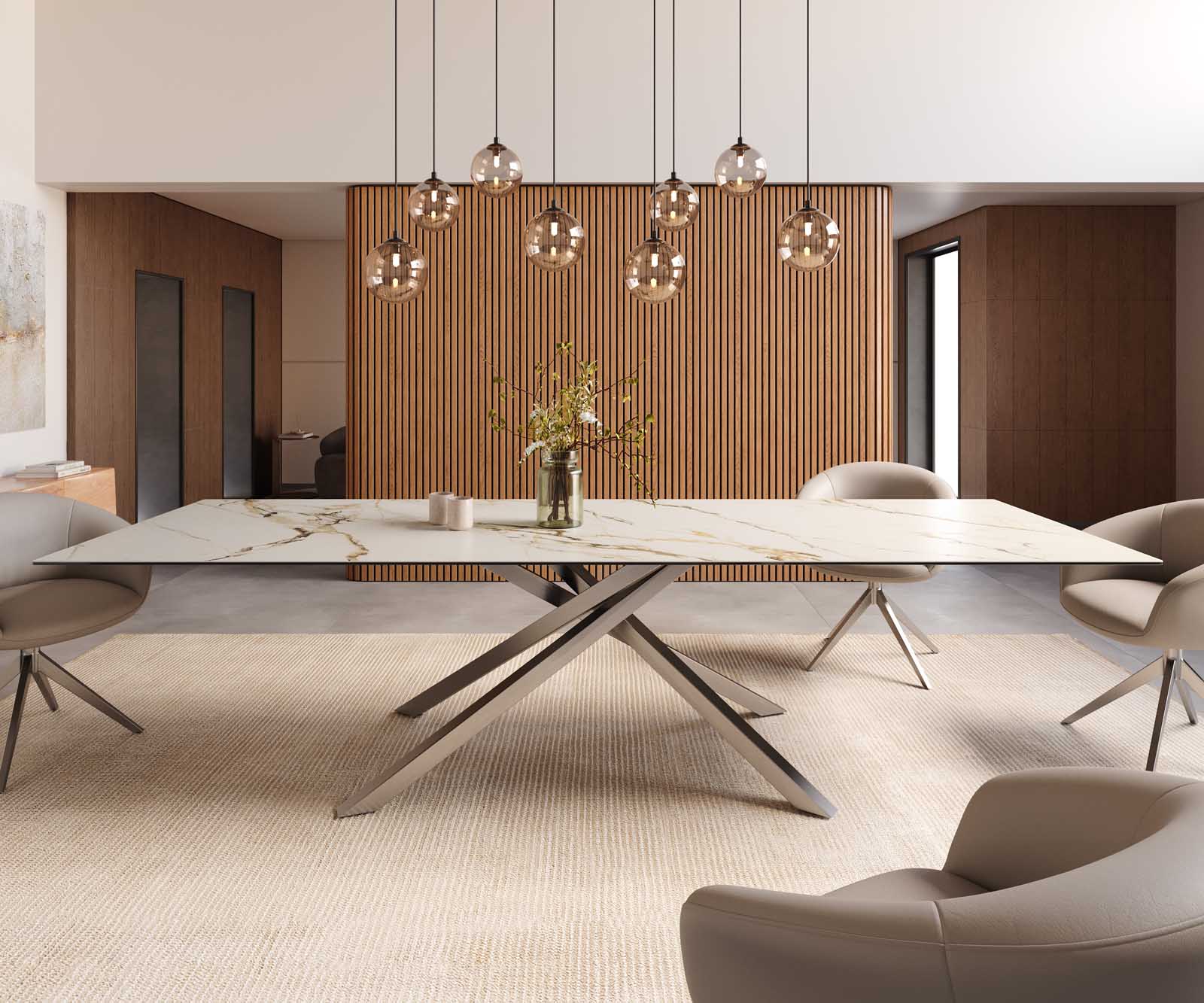 Трапезна маса Edge 300x100, керамика Calacatta Luxe, бяло-златно-сиво, кръстообразна рамка, правоъгълна, неръждаема стомана 2