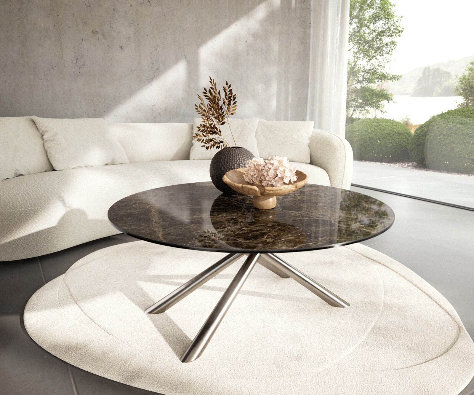 Масичка за кафе Edge Round 100x100 cm Ceramic Laminam® Emperador Extra Lucidato Тъмно кафяво Sarity Матирана неръждаема стомана 1