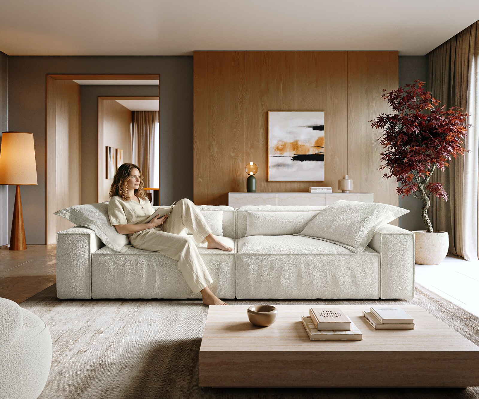 Голям диван Freestyle 280x110 cm Bouclé кремаво-бял шев