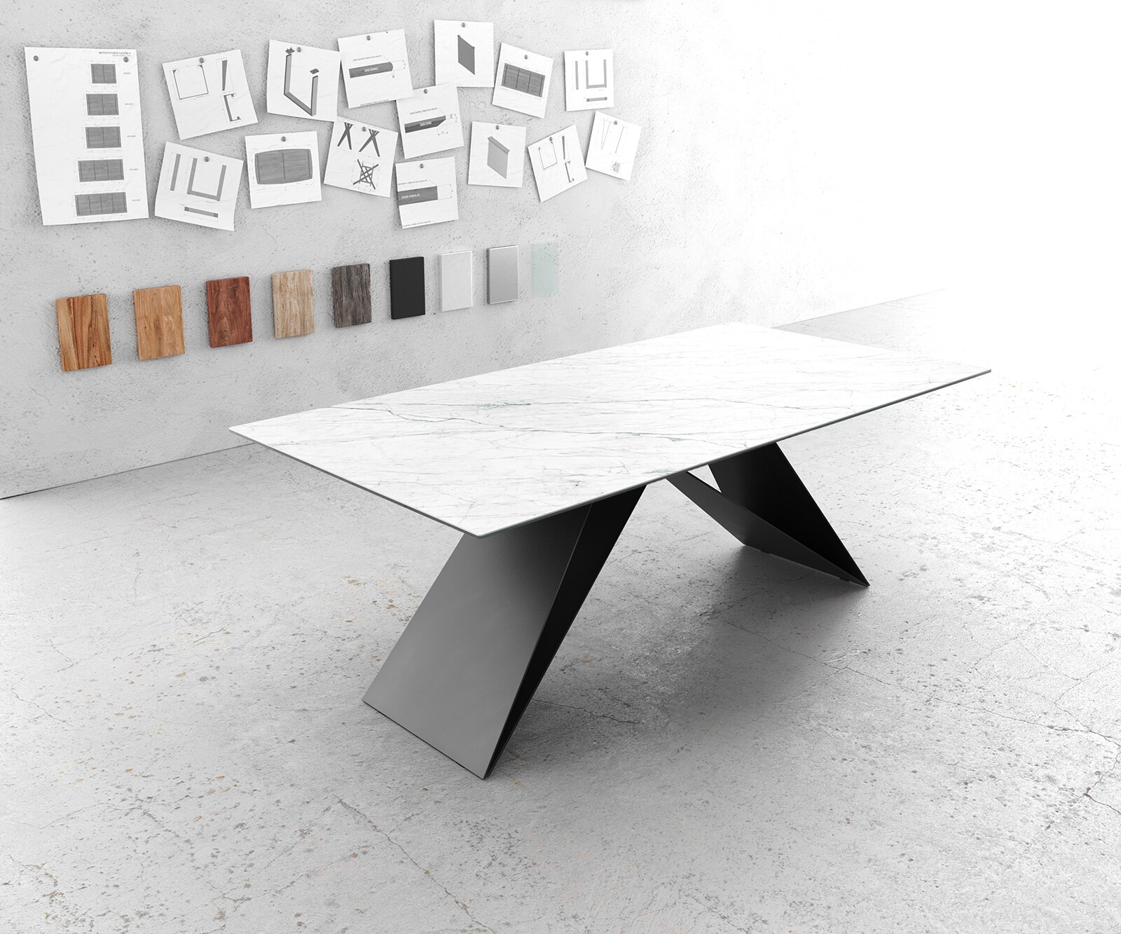 Маса 200x100cm Keramik Laminam®Statuarietto Бял V-среден крак Черен Edge 1