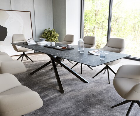 Трапезна маса Edge 300x100 см, керамика Laminam „®“, „Nero Greco“, антрацит, централна ножка с кръстовидна форма, черна