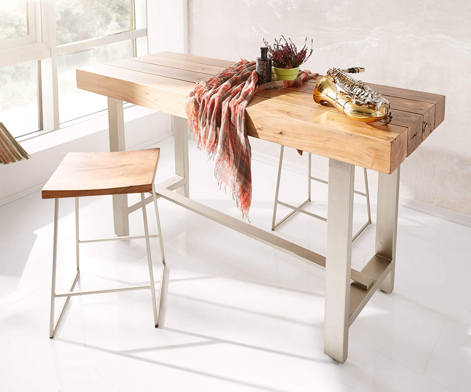 Бар маса 165x60 cm акациево кафяво с Метална рамка Блок