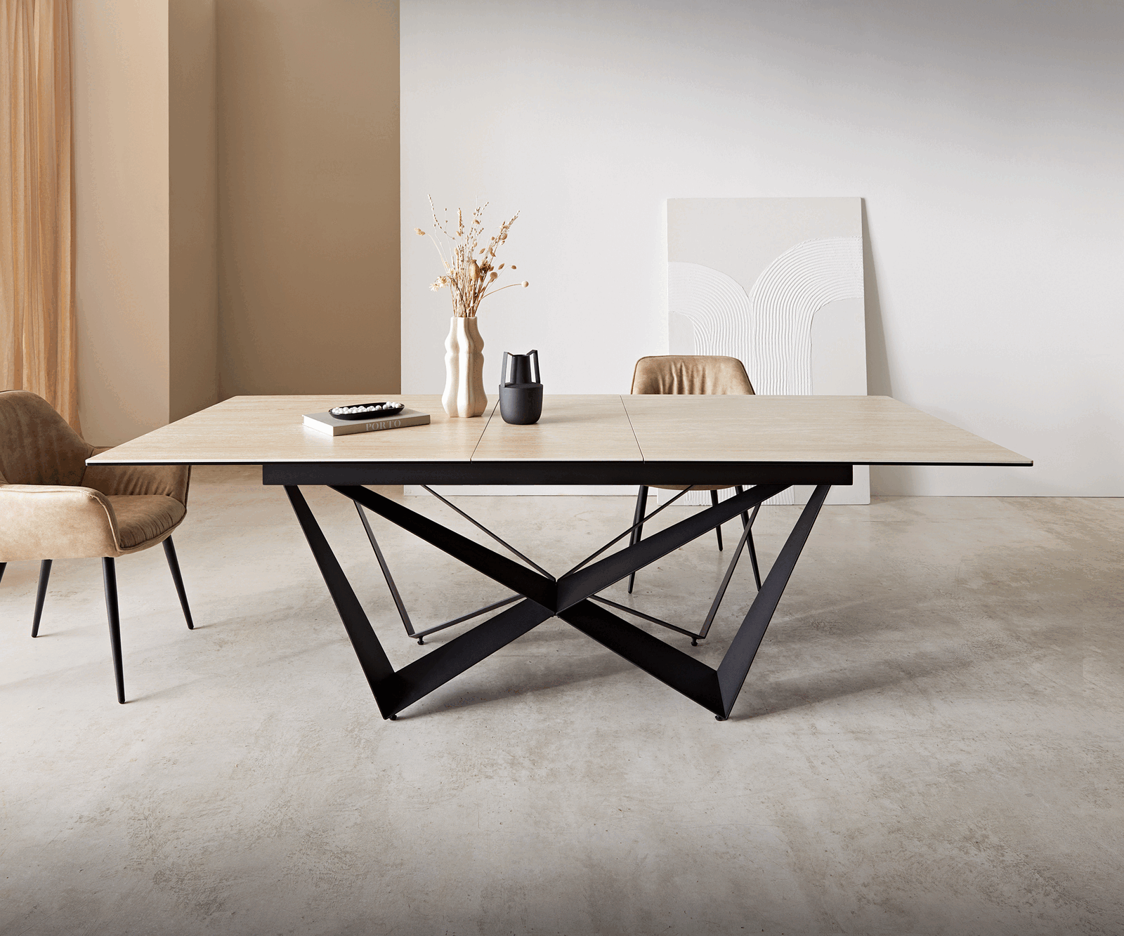 Маса 180-220x100 Keramik Travertin Натурал Spider плоска стомана Черен разтегателна Edge 2