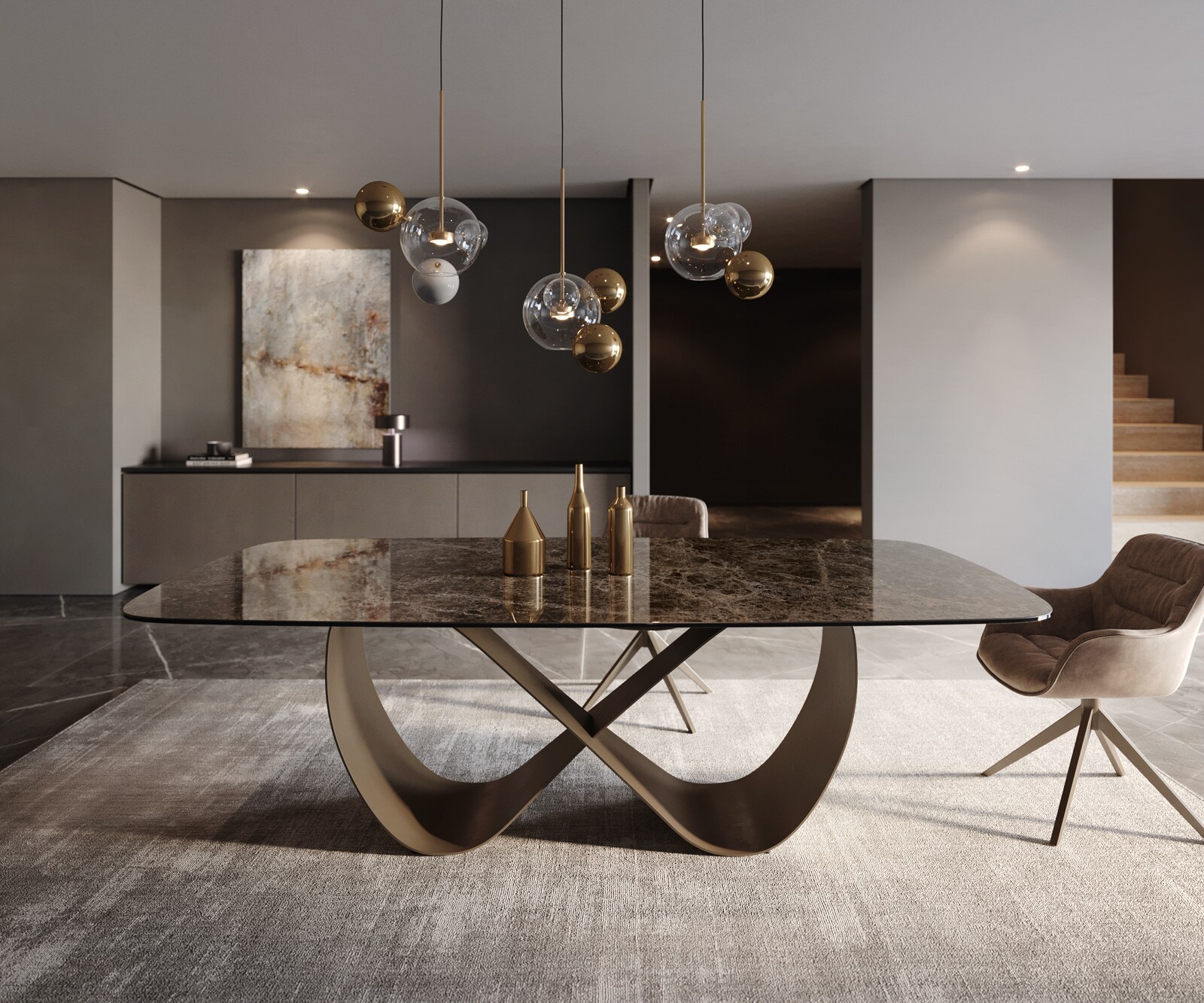 Трапезна маса Edge Boot 240x120 Керамичен ламинат® Emperador Extra Lucidato Тъмнокафяво Infinity Покритие с метален ефект Titanium 2