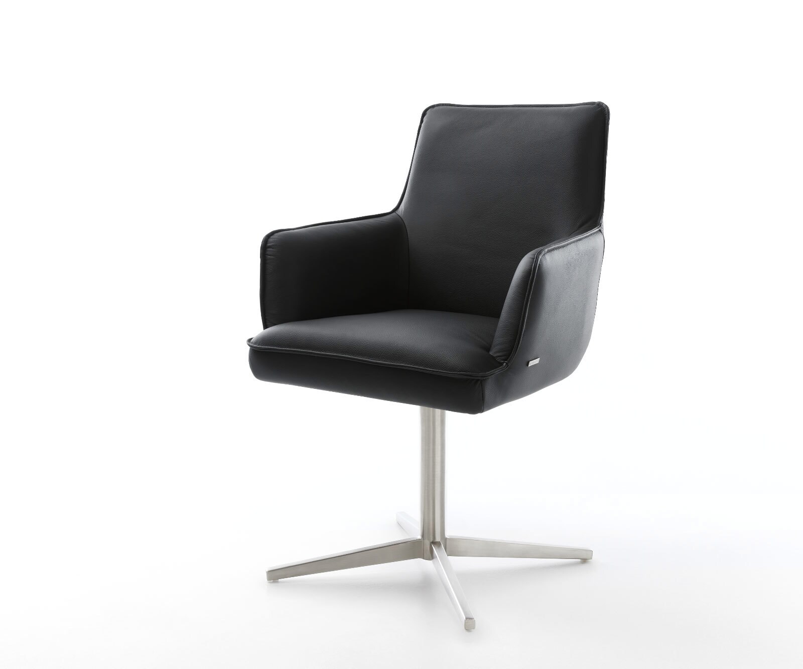 Врътящ се стол с подлакътници Естествена кожа Черен Офис основа Неръждаема стомана 360° въртящ се Покет пружина Heira-Flex 1