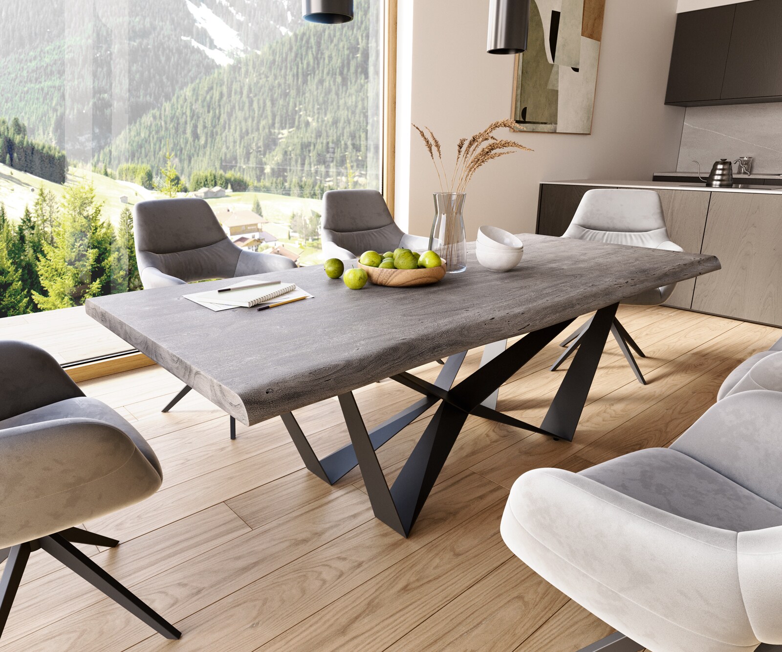 Трапезна маса Edge 220x100 XL от акация, „Платина“, „Спайдър“, плоска стомана, черна, с естествени ръбове