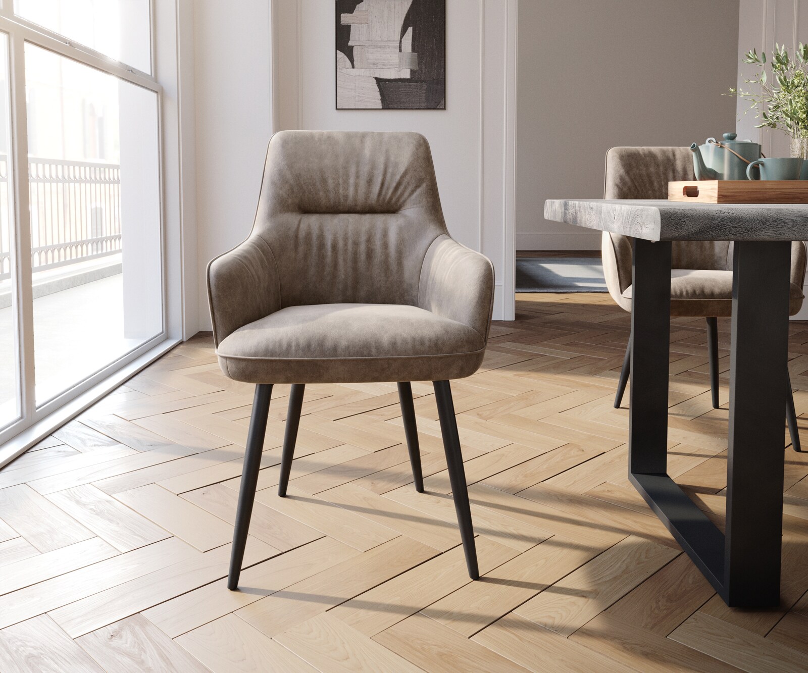 Стол с подлакътници Таупе Винтидж 4-крака Прави Черни  Покет пружина Zelia-Flex 1