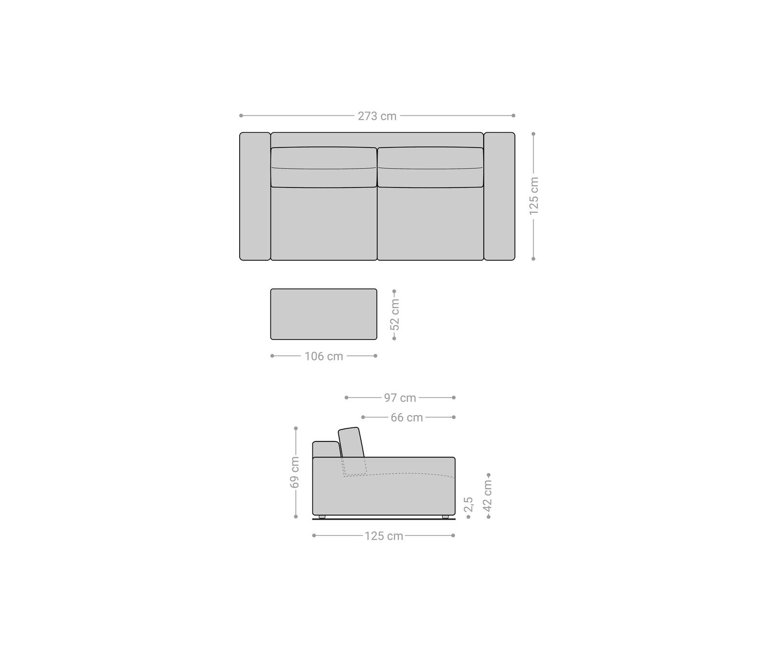 Голям диван XL 270x130 cm Имитация на кожа Винтидж Антрацит с табуретка Lanzo 5