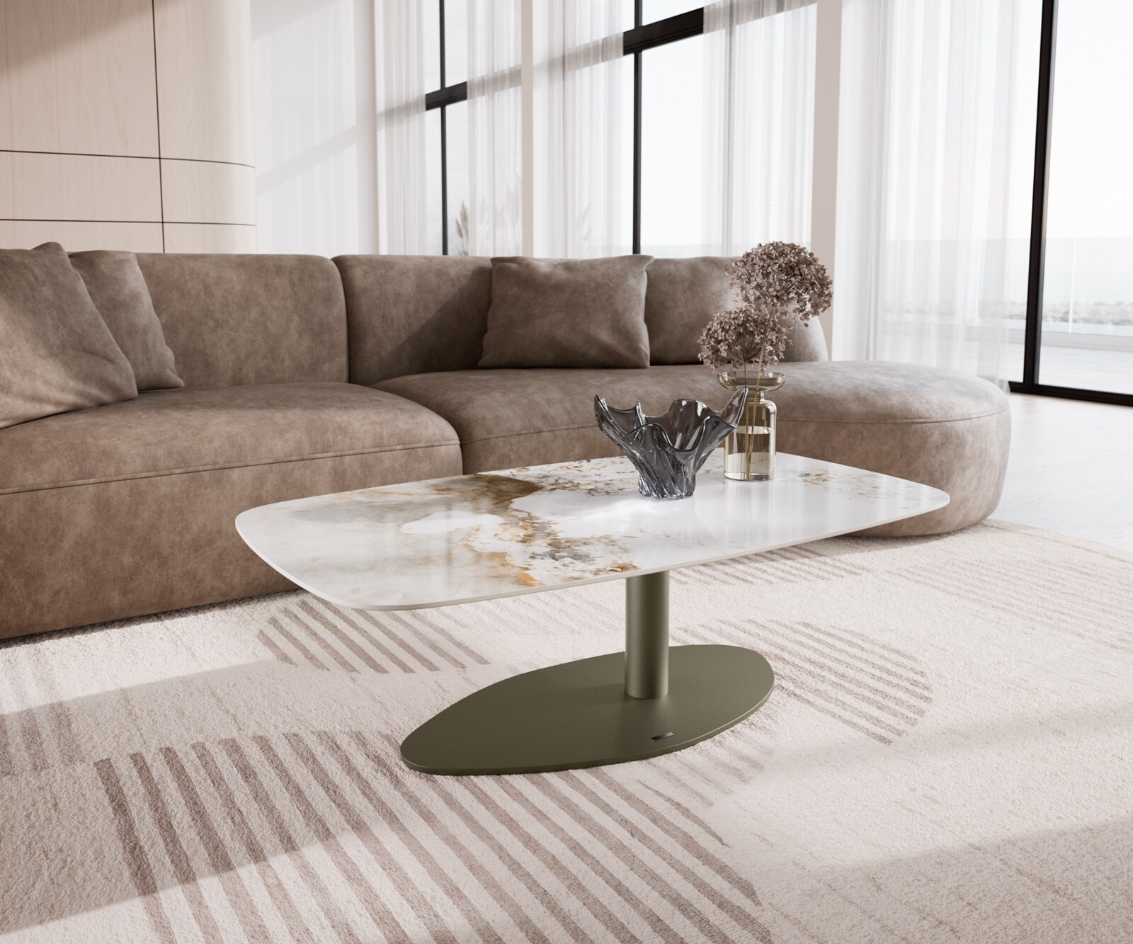 Масичка за кафе Edge Boot 120x70 cm керамика Minas Melange Vibany метален ефект покритие титан 1