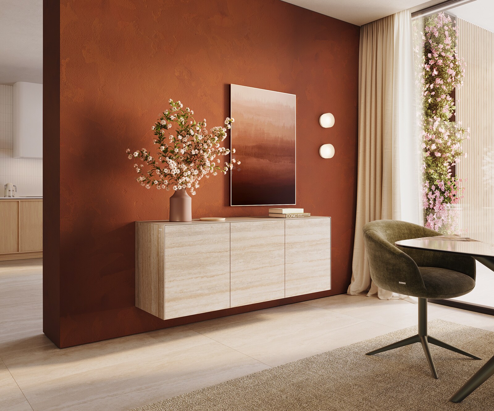Стенен бюфет Cuor 150 см Керамика Laminam® Travertino Bianco Крем-бяло 3 врати