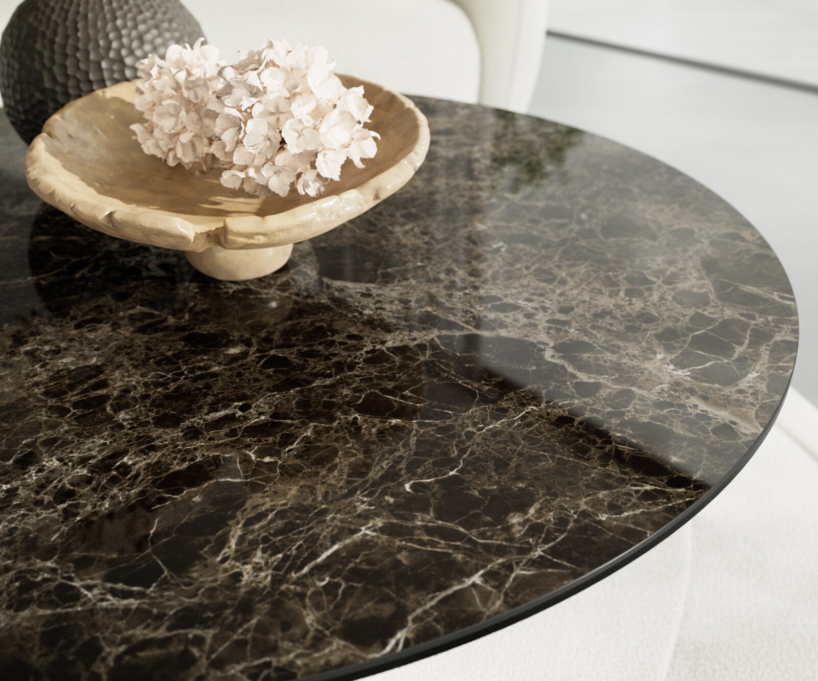 Масичка за кафе Edge Round 100x100 cm Ceramic Laminam® Emperador Extra Lucidato Тъмно кафяво Sarity Матирана неръждаема стомана 6