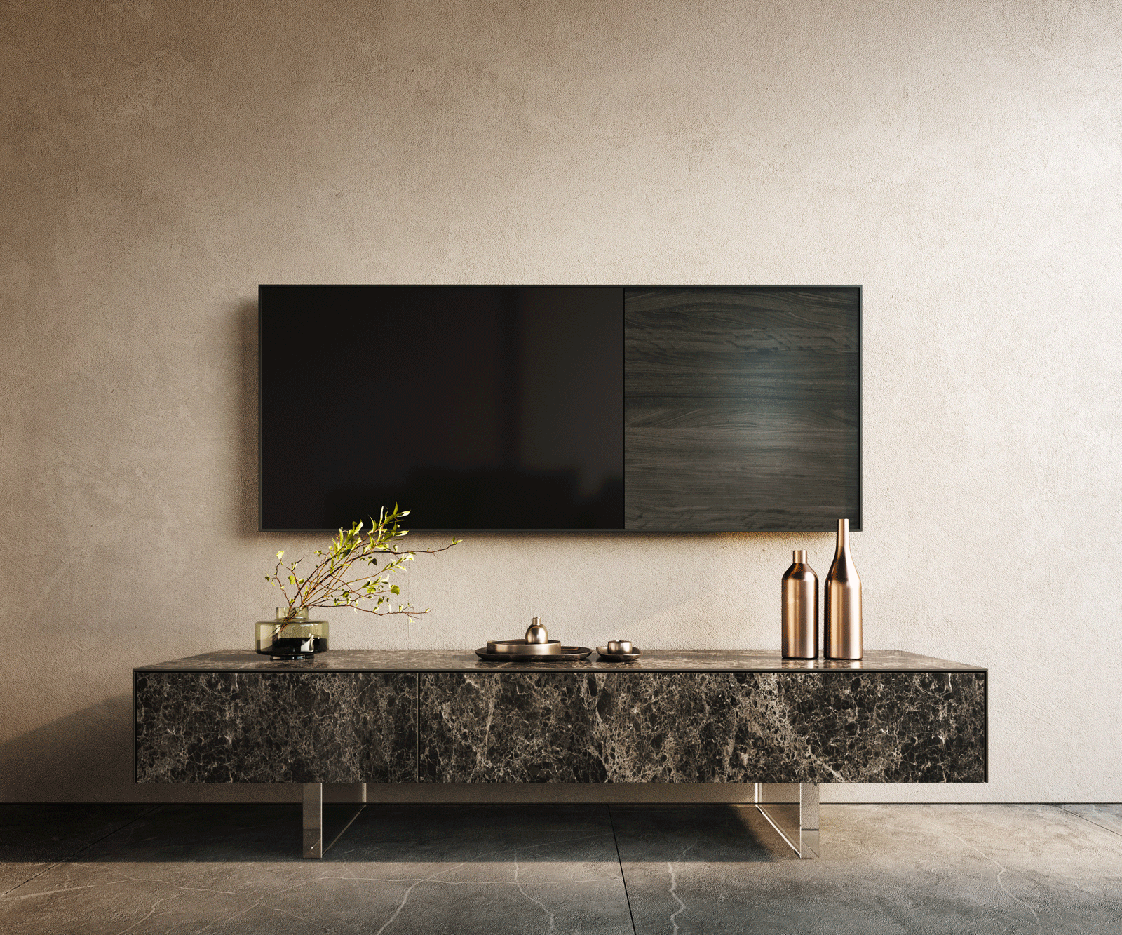 Ниска дъска Cuor 150 см Керамичен ламинат® Emperador Extra Lucidato Тъмно кафяво 1 капак 1 чекмедже Основа Плаващо акрилно стъкло 1