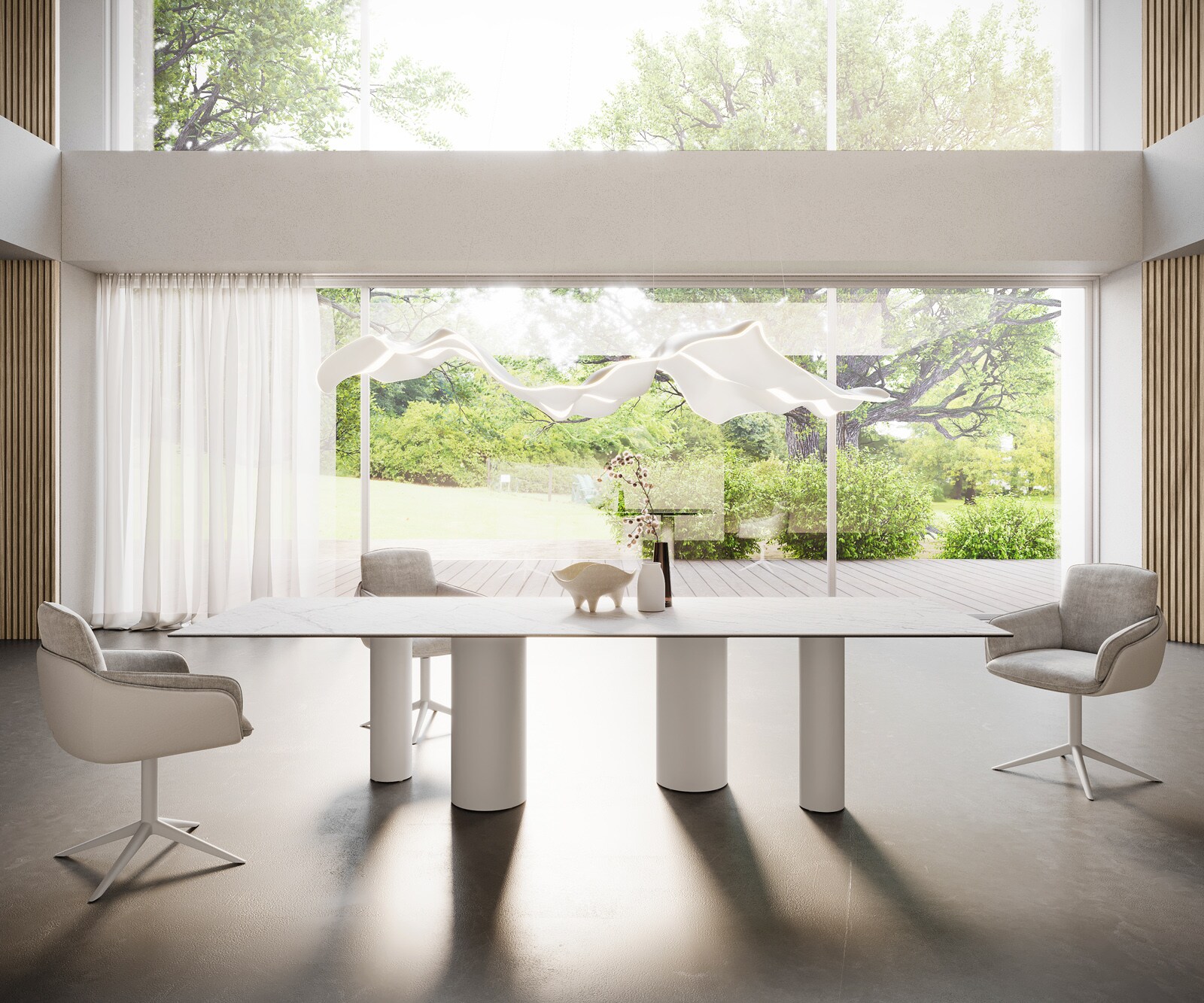 Трапезна маса Edge 300x100, керамика Laminam „®“, Statuarietto бяло, метални колони, бяло 4