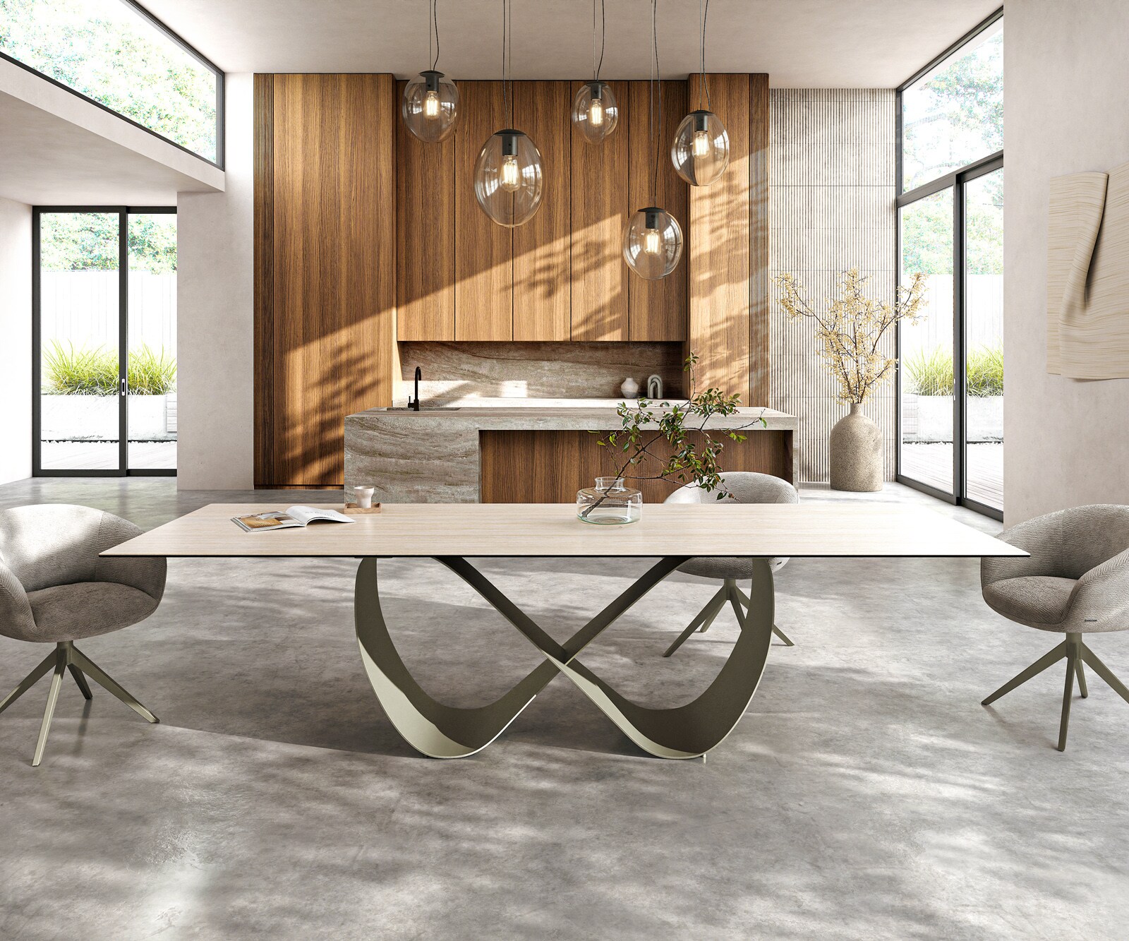 Трапезна маса Edge 300x100, керамика Laminam „®“, Travertino Bianco, кремаво-бяла, Infinity, метално покритие с ефект „Титан“ 2