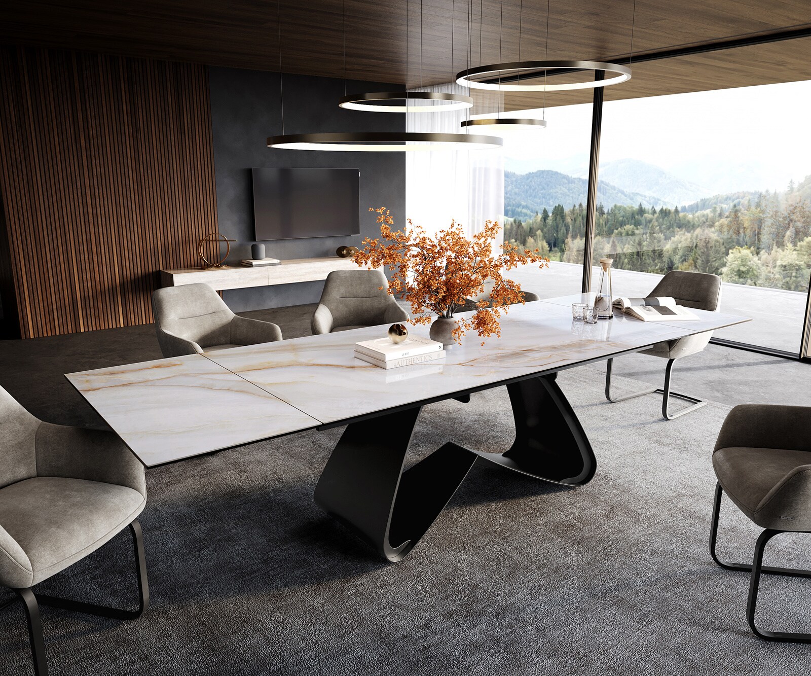 Трапезна маса Edge 200–300 × 100 см, керамика „Onyx Pearl“, метална рамка „W“ в черен цвят, разтегаема