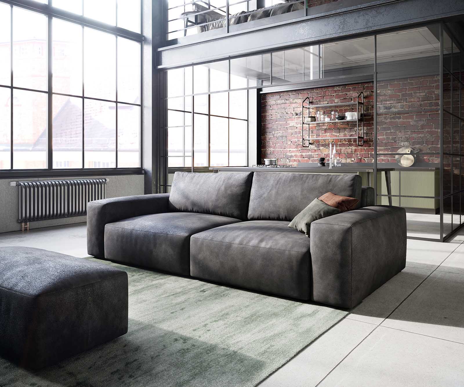 Голям диван Lanzo L 230x95 см Имитация на кожа Винтидж Антрацит с табуретка 