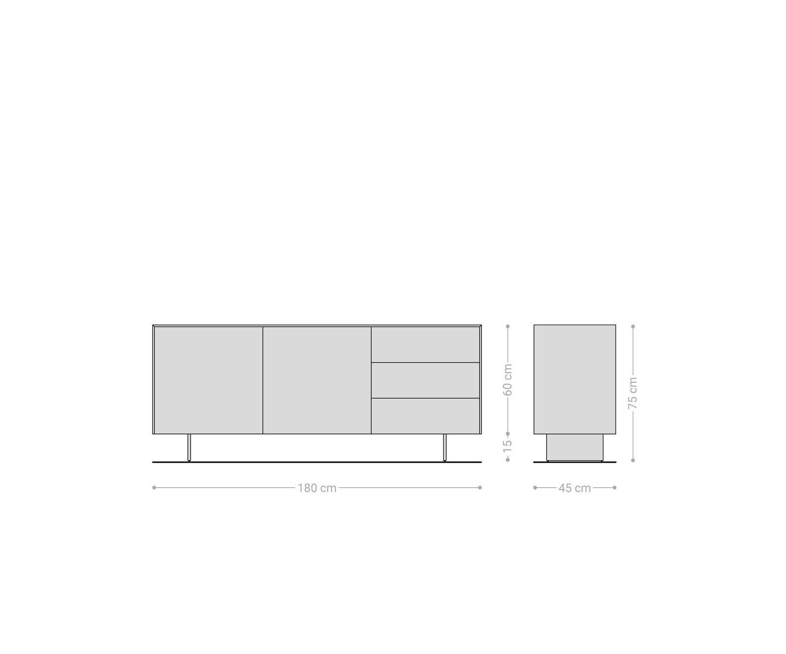 Бюфет Cuor 180 см Керамичен ламинат® Sabbia Дъбов цвят 2 врати 3 чекмеджета Основа Плаващ вид неръждаема стомана 2