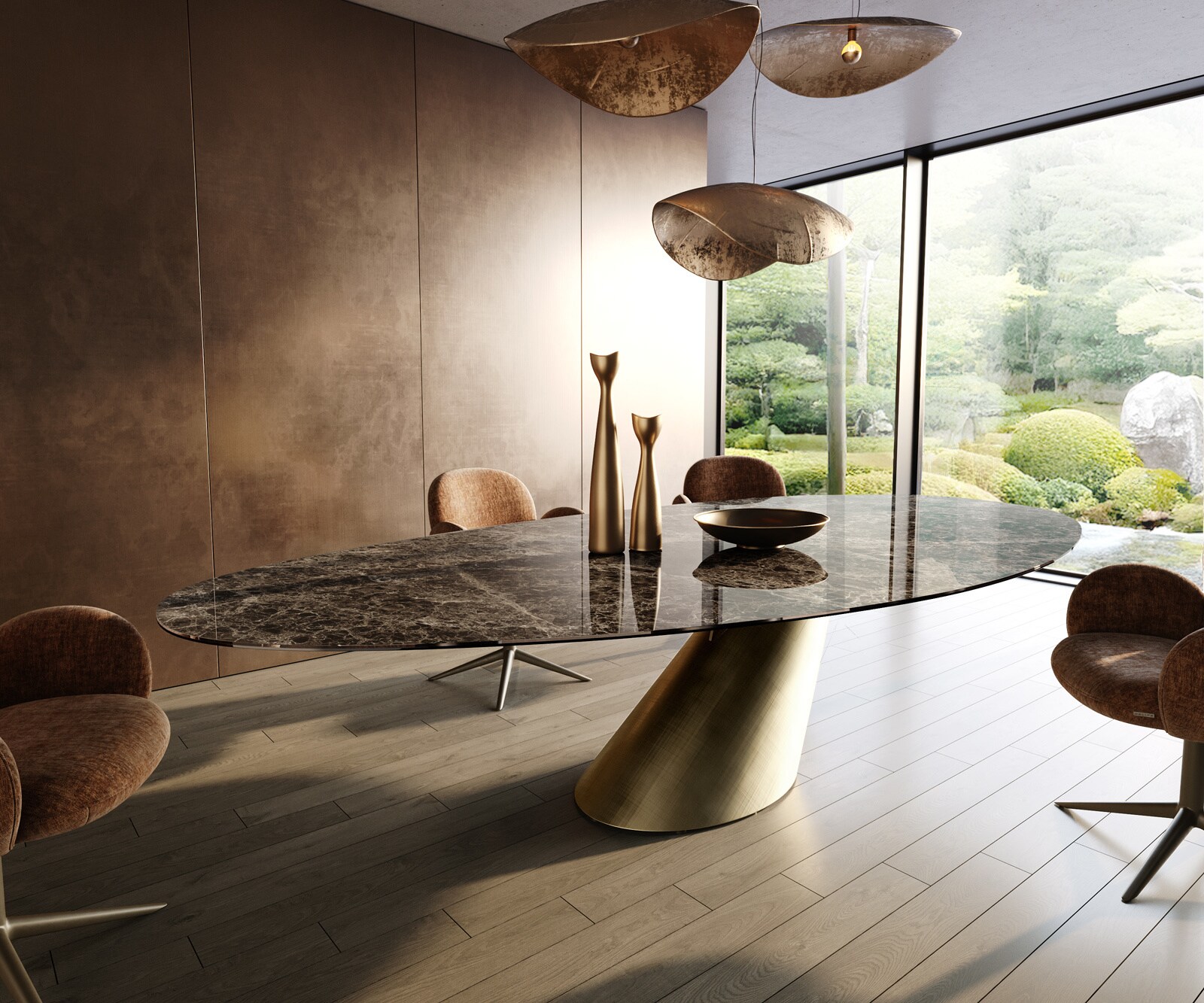 Трапезна маса Edge Oval 315x150 см, керамика Emperador Extra Lucidato, тъмнокафяво, Cono Metallic Gold