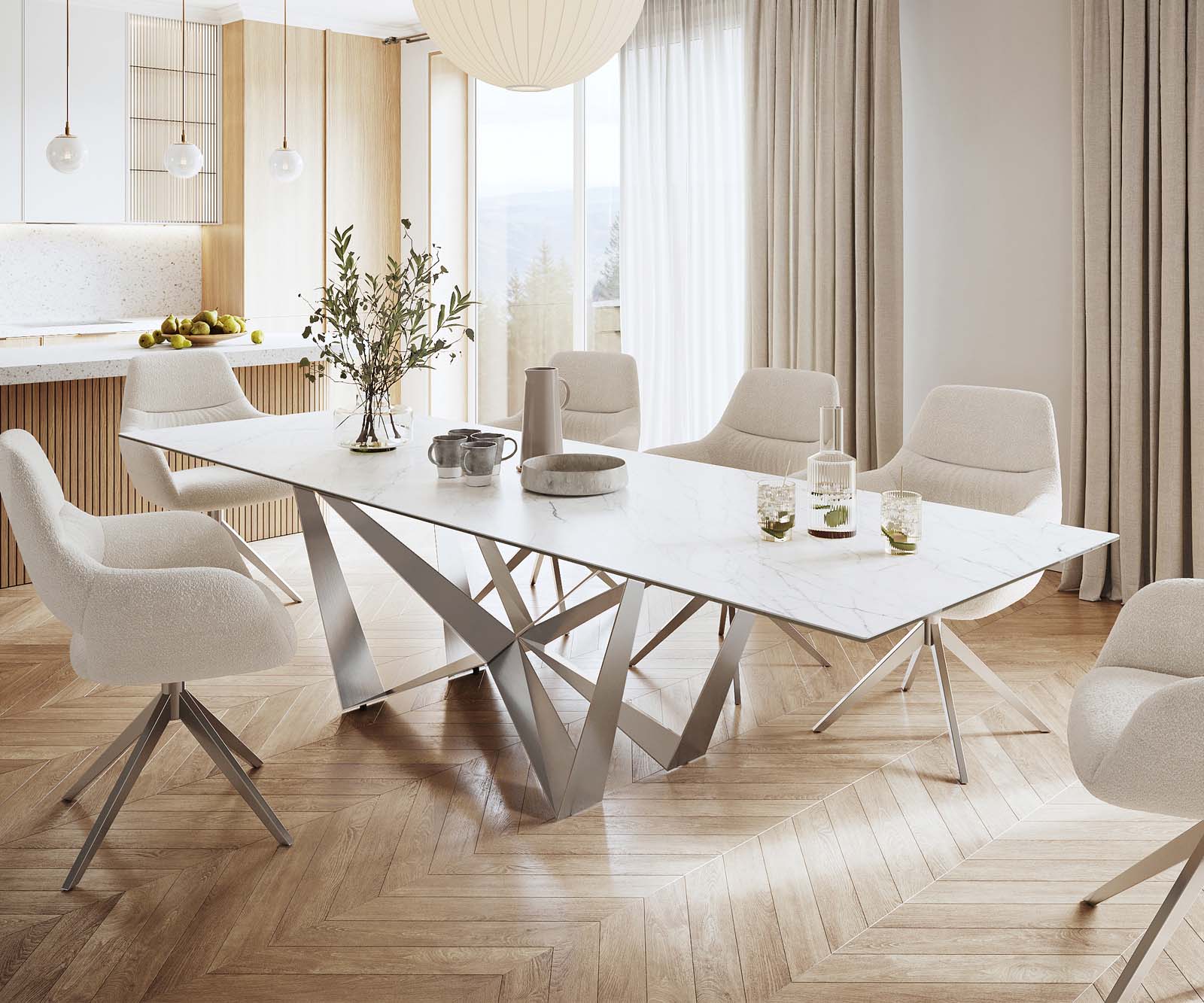 Маса 300x100cm Keramik Laminam®Statuarietto Бял Spider плоска стомана Неръждаема стомана Edge 1