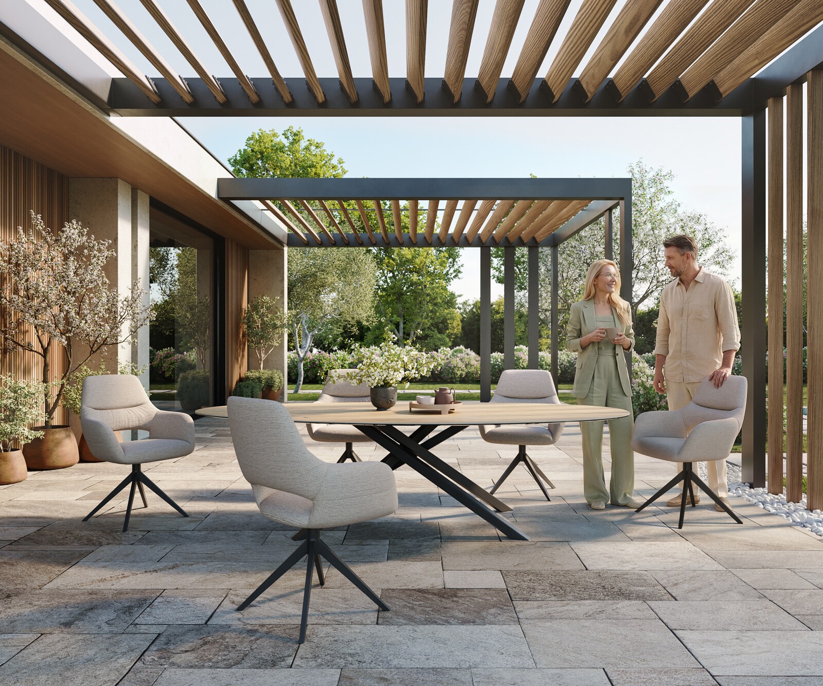 Маса  Edge Oval 280x130 см, керамика Laminam „®“, цвят Sabbia, дъбов цвят, кръстосана рамка, правоъгълна, черна 2