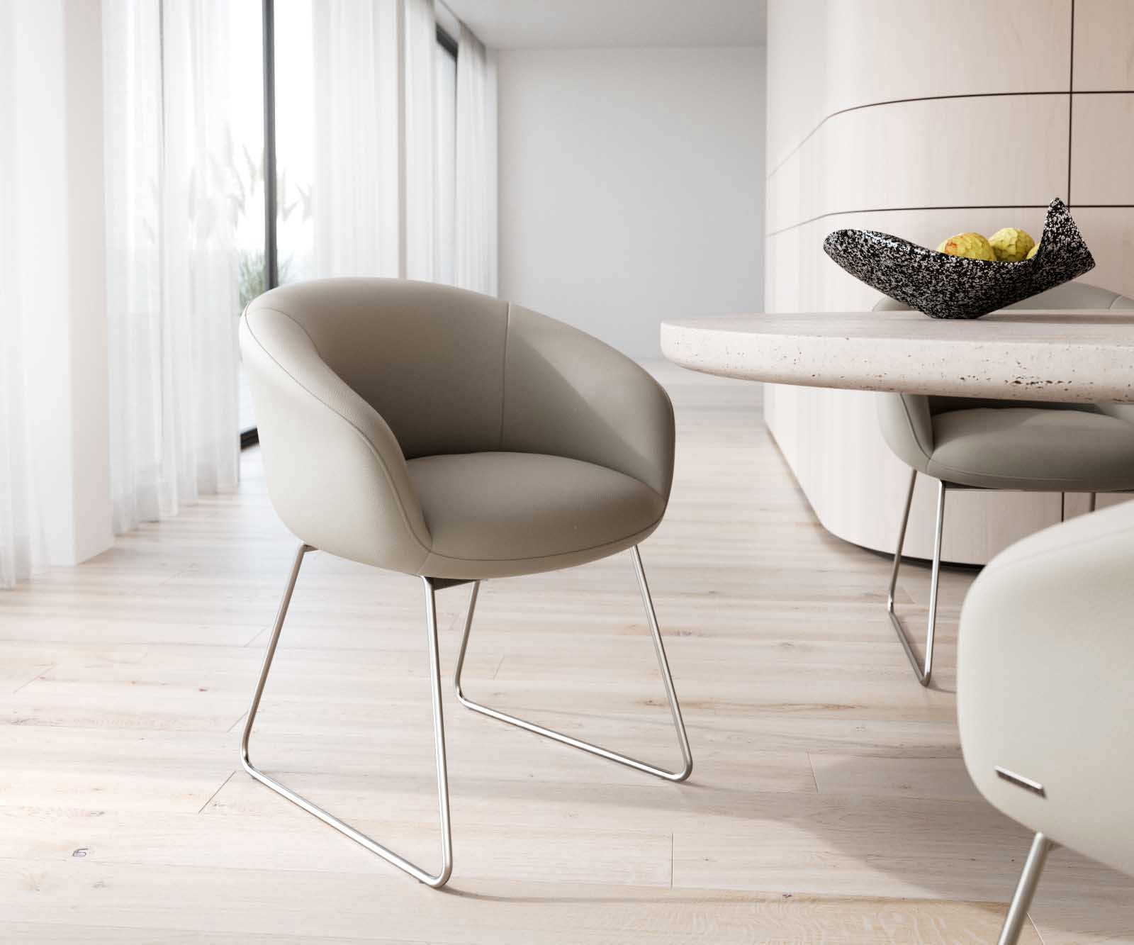 Трапезен стол с подлакътници Естествена кожа Сиво-Кафяв Извити крака Неръждаема стомана Покет пружина Vinka-Flex Трапезен стол с подлакътници Естествена кожа Сиво-Кафяв Извити крака Неръждаема стомана Покет пружина Vinka-Flex