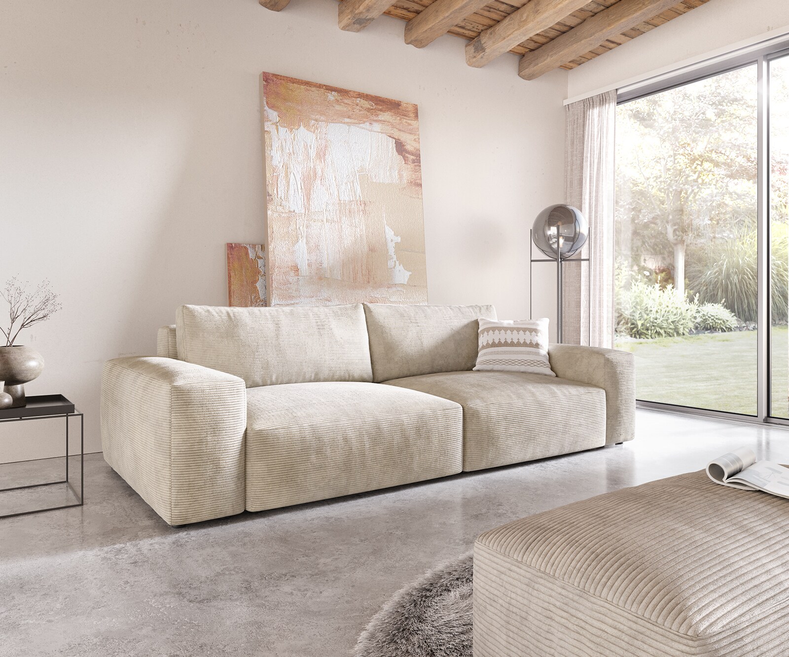 Голям диван Lanzo XL 270x130 см Рипс Бежов с табуретка