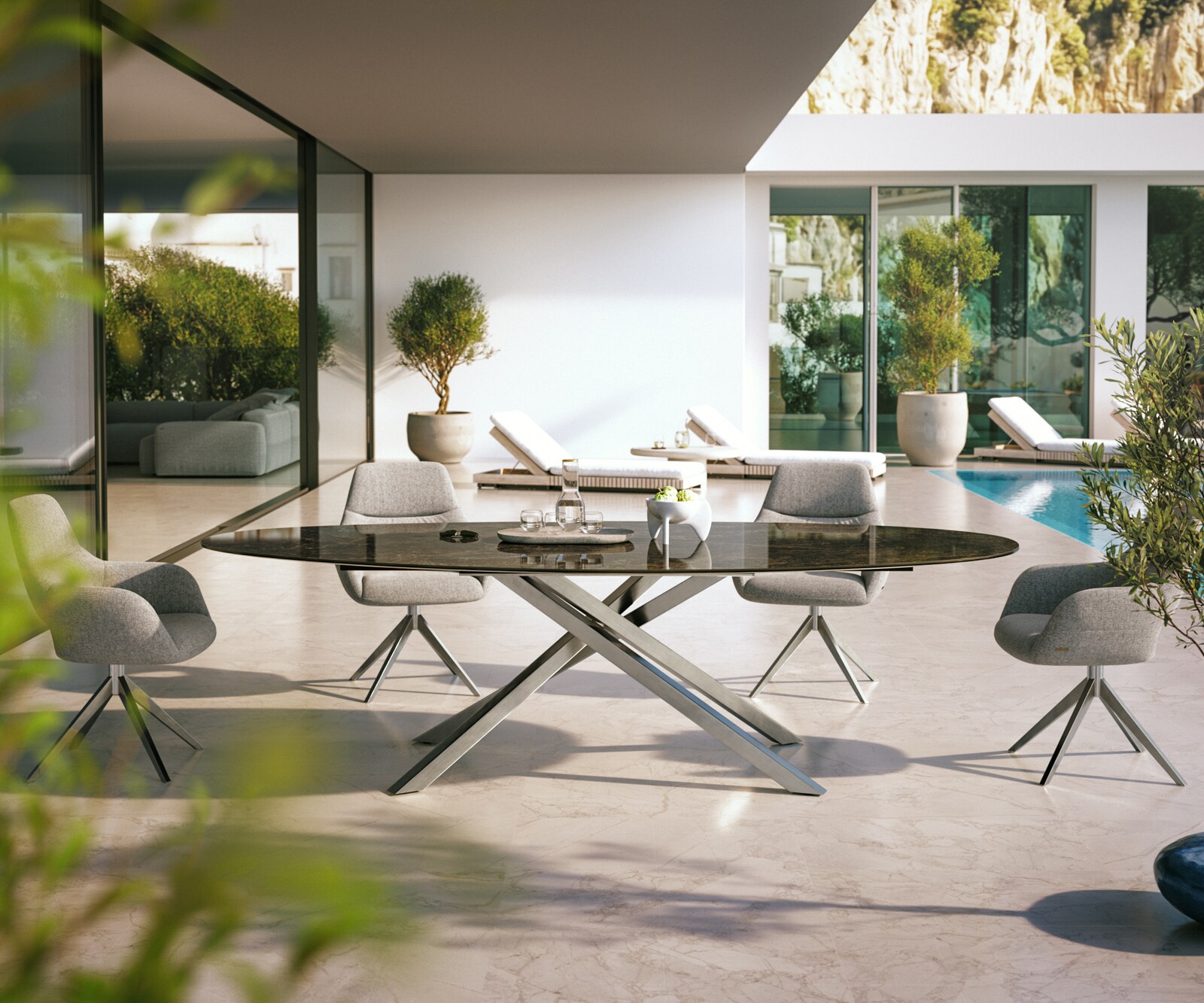 Маса Edge Овална 280x130 см, керамика Laminam „®“, Emperador Extra Lucidato, подходяща за външна употреба в тъмнокафяво, кръстообразна рамка, правоъгълна, неръждаема стомана 2