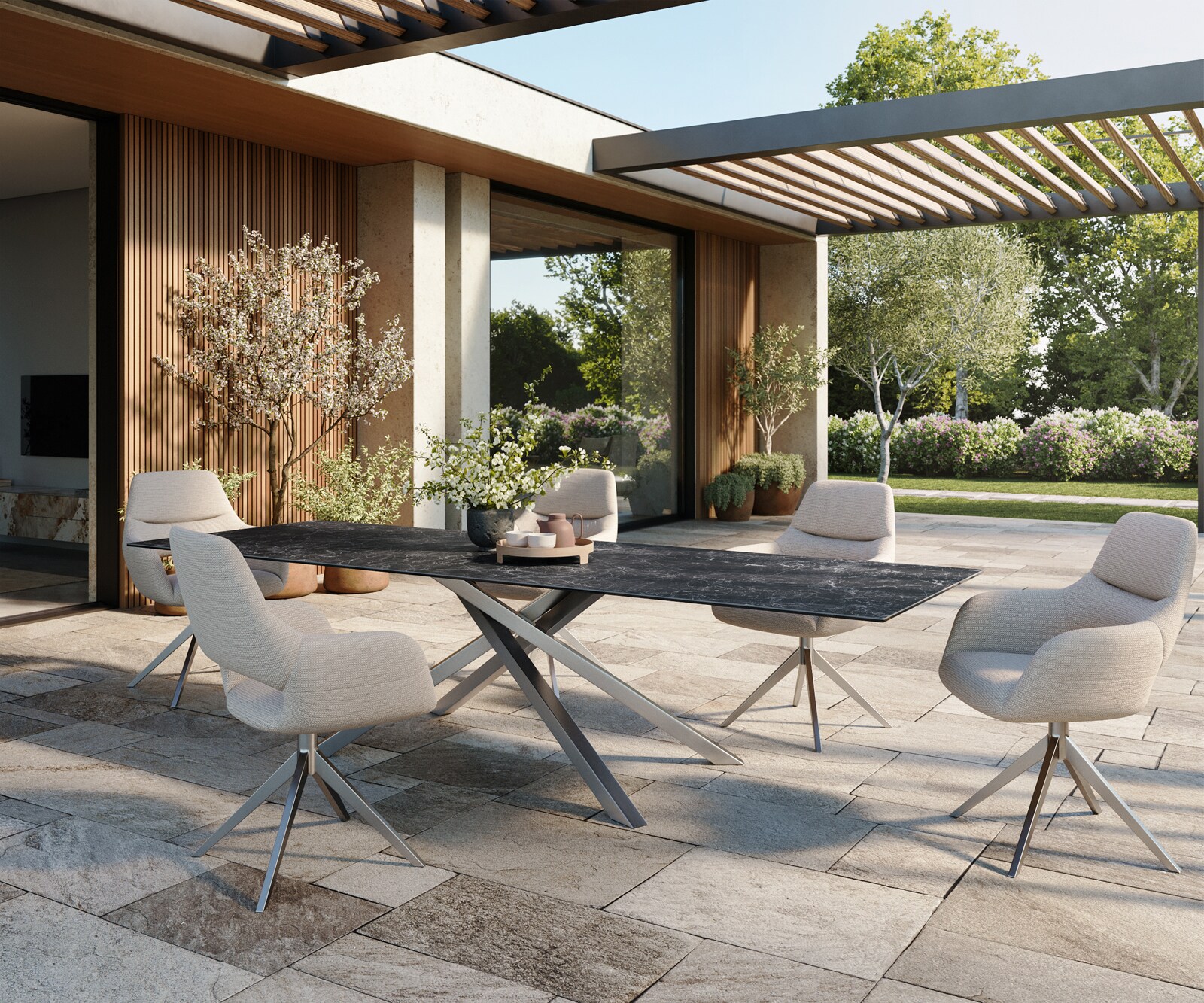 Луксозна външна маса Edge 300x100 см, керамичен правоъгълен плот Laminam Nero Greco, Кръстовидна основа, Антрацит/Сребристосив 5