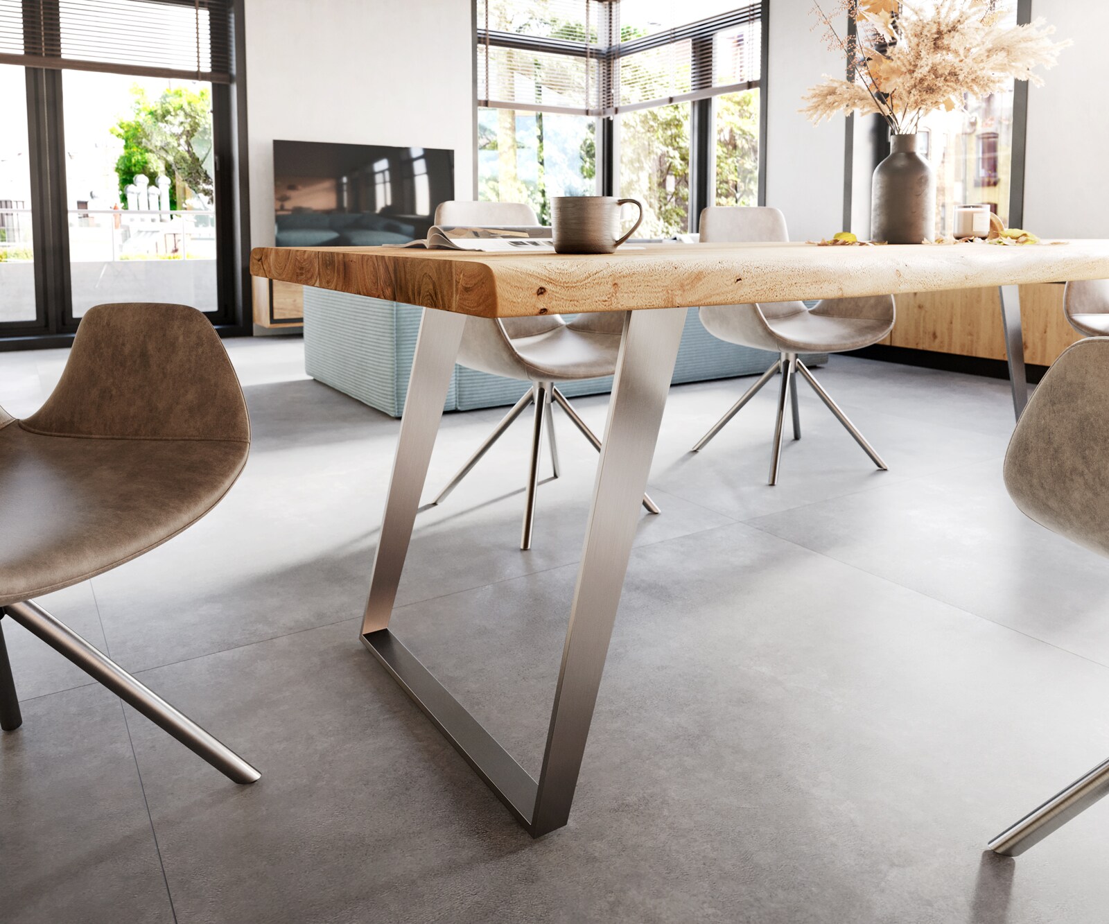 Маса 260x100cm XL Акация Натурал Неръждаема стомана Сребрист под ъгъл Edge 4