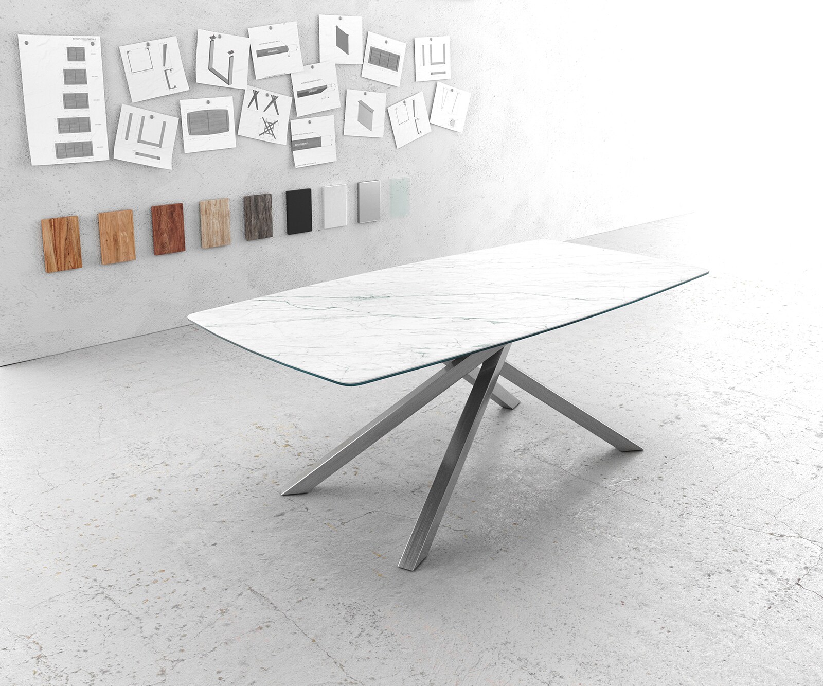 Маса Bootsform 200x100cm Keramik Laminam®Statuarietto Бял КръстРамка Правоъгълник Неръждаема стомана Edge