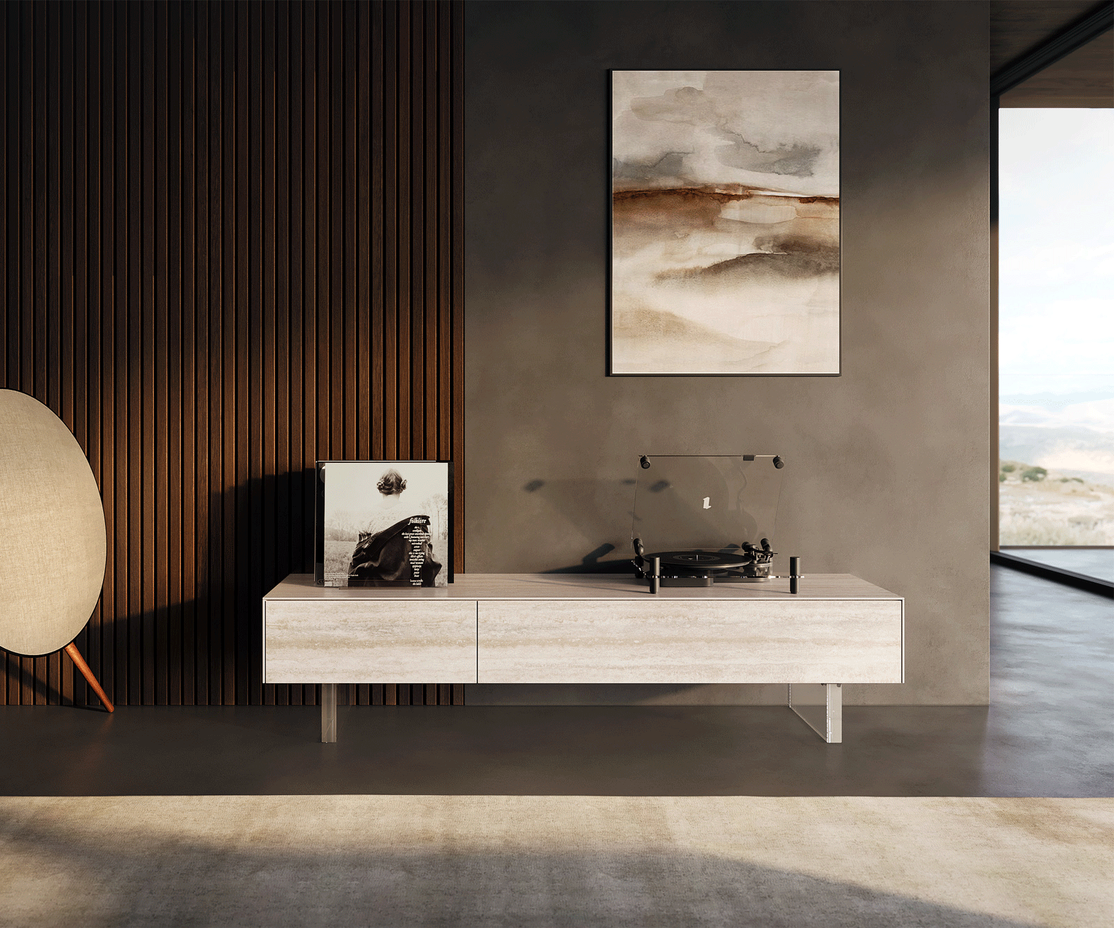 Ниска дъска Cuor 150 cm Керамичен ламинат® Travertino Bianco Крем-бяло 1 клапа 1 чекмедже Основа Плаващ вид акрилно стъкло 2