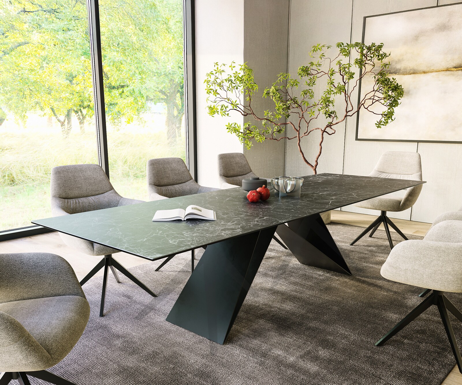 Маса 300x100cm Keramik Laminam®Nero Greco Антрацит V-среден крак Черен Edge