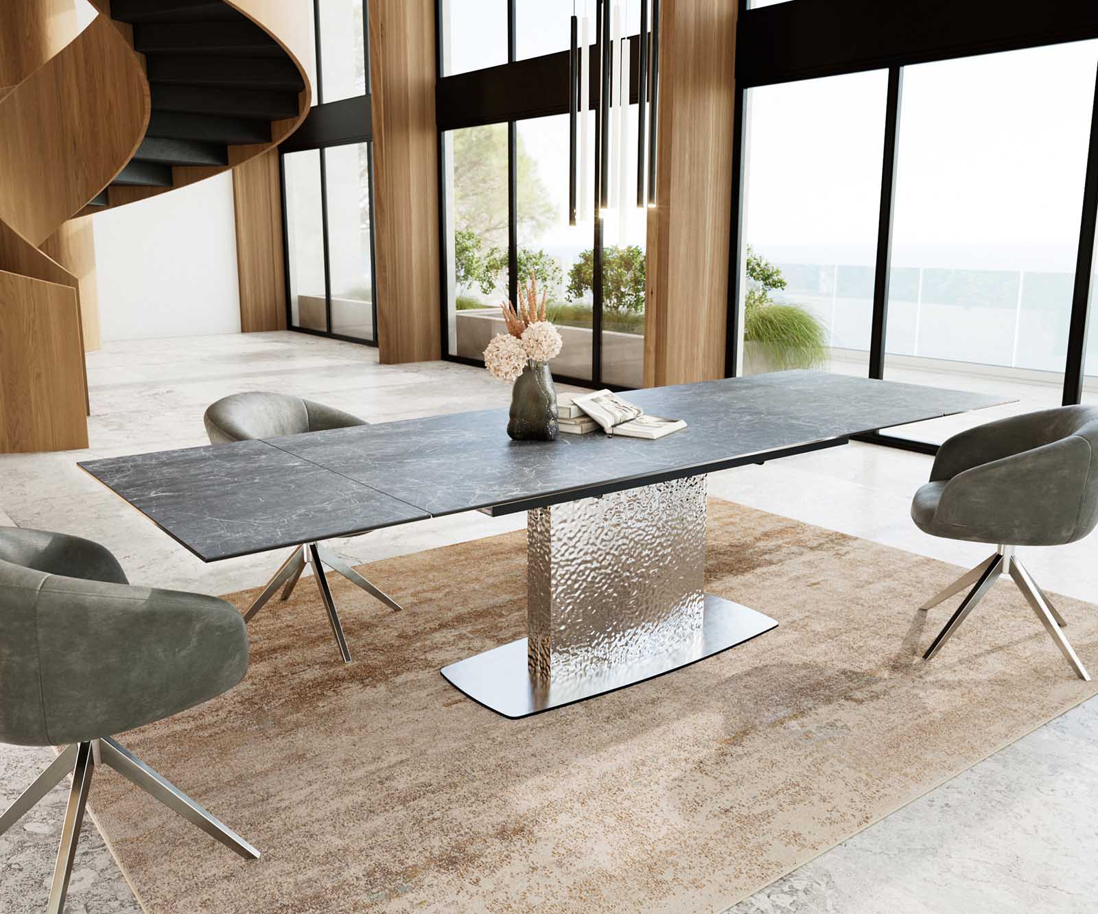 Разтегателна трапезна маса Edge 200-300х100 см Керамика Laminam®Nero Greco Антрацит Един крак основа Сребристосив 4
