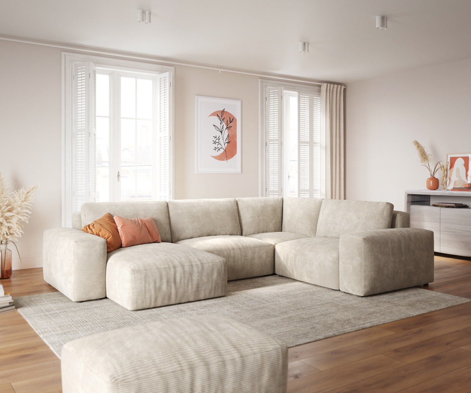 Холна гарнитура Lanzo 300x210 см Бежов Корд Променлива с осман