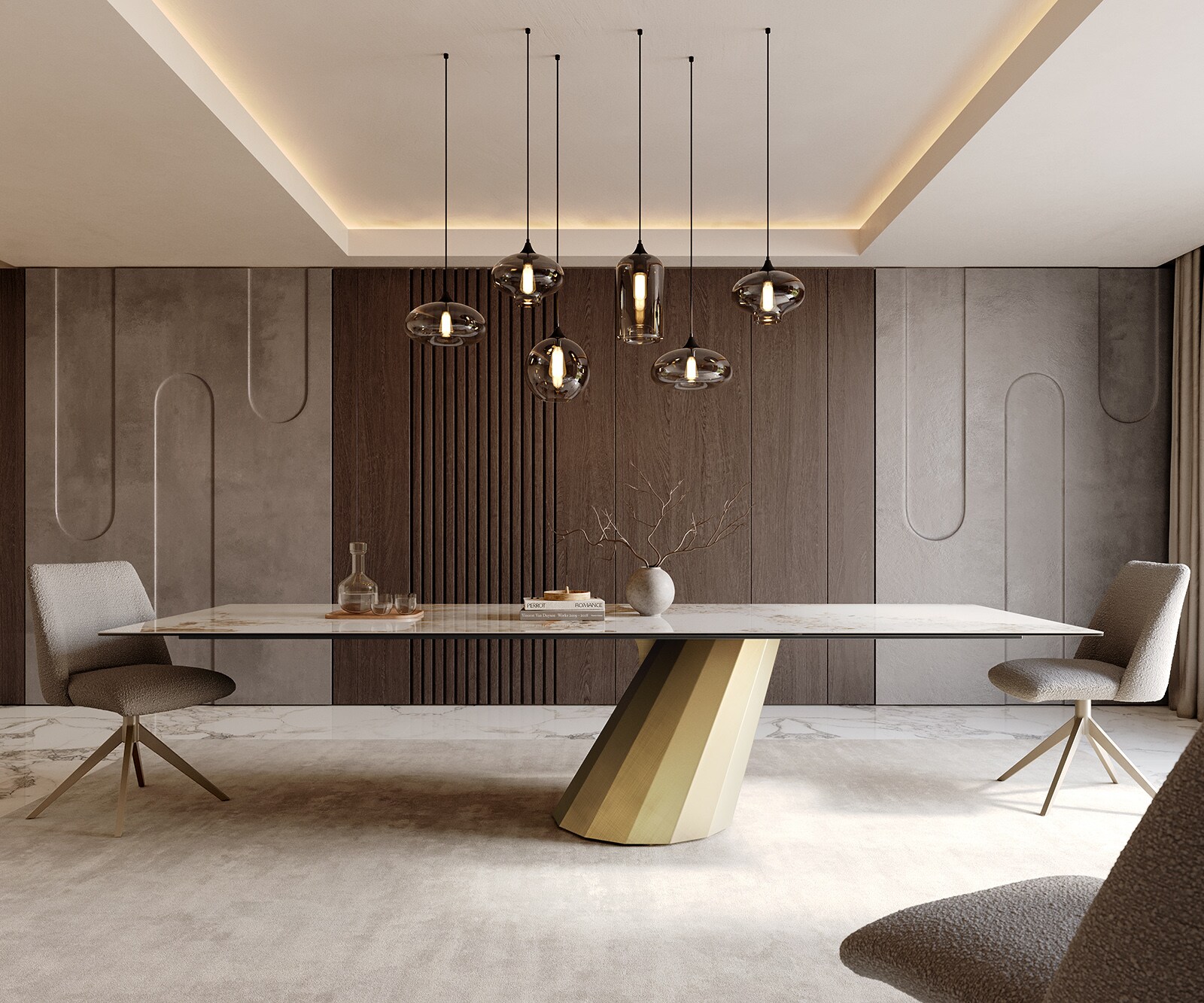 Трапезна маса Edge 300x100 керамика Minas Melange бяло-бежово Parabola металик злато 1